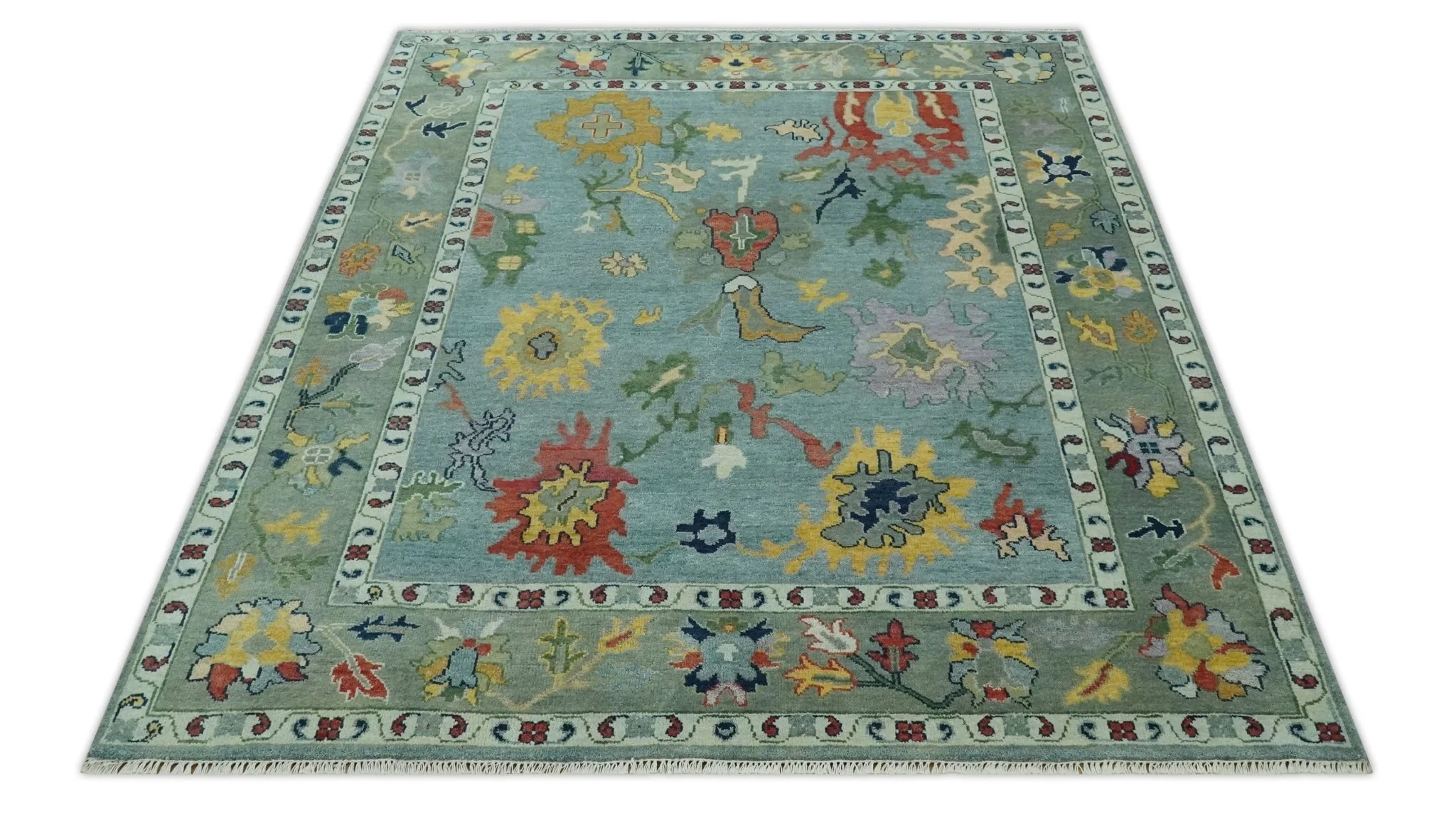 Vibrant Colorful 8x10 Gray and green Hand Knotted Traditional Oushak wool rug - Image 12