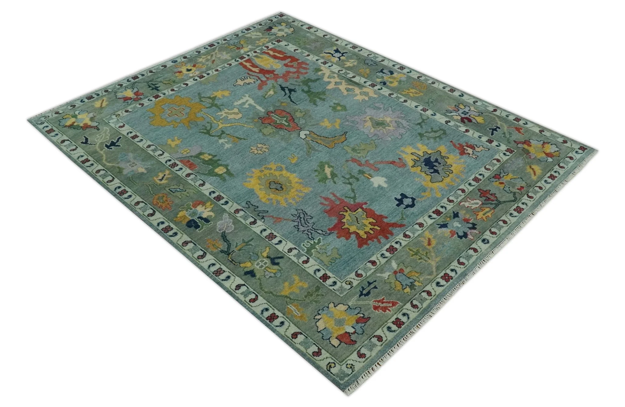 Vibrant Colorful 8x10 Gray and green Hand Knotted Traditional Oushak wool rug - Image 9
