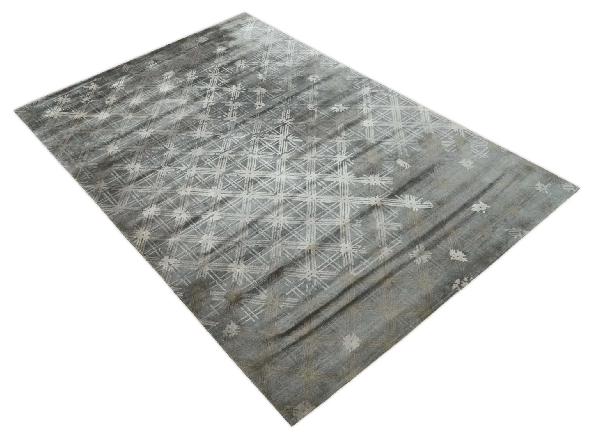 Antique look Gray and Ivory Geometrical Stripes Pattern Hand loom Viscose wool Area Rug - Image 10