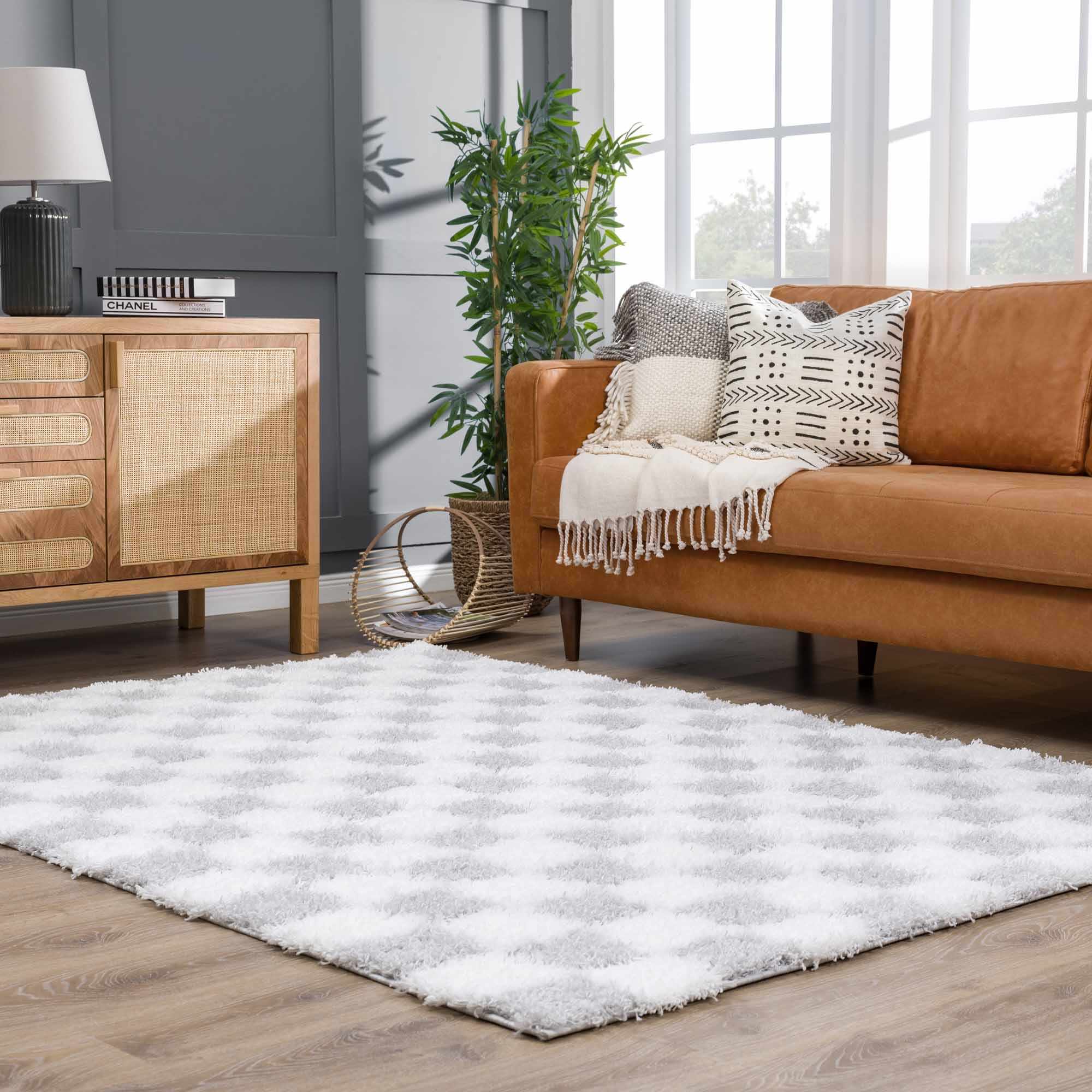 Gray and Ivory Modern Checker Board Plush Pile Moroccan style Area Rug - Image 13