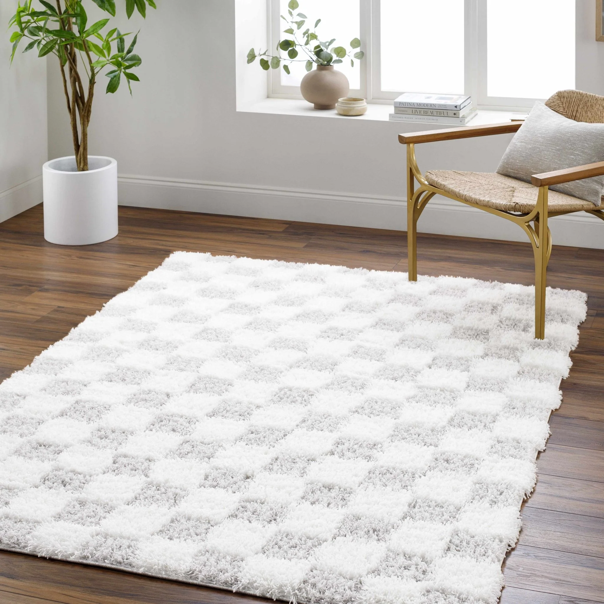 Gray and Ivory Modern Checker Board Plush Pile Moroccan style Area Rug - Image 19