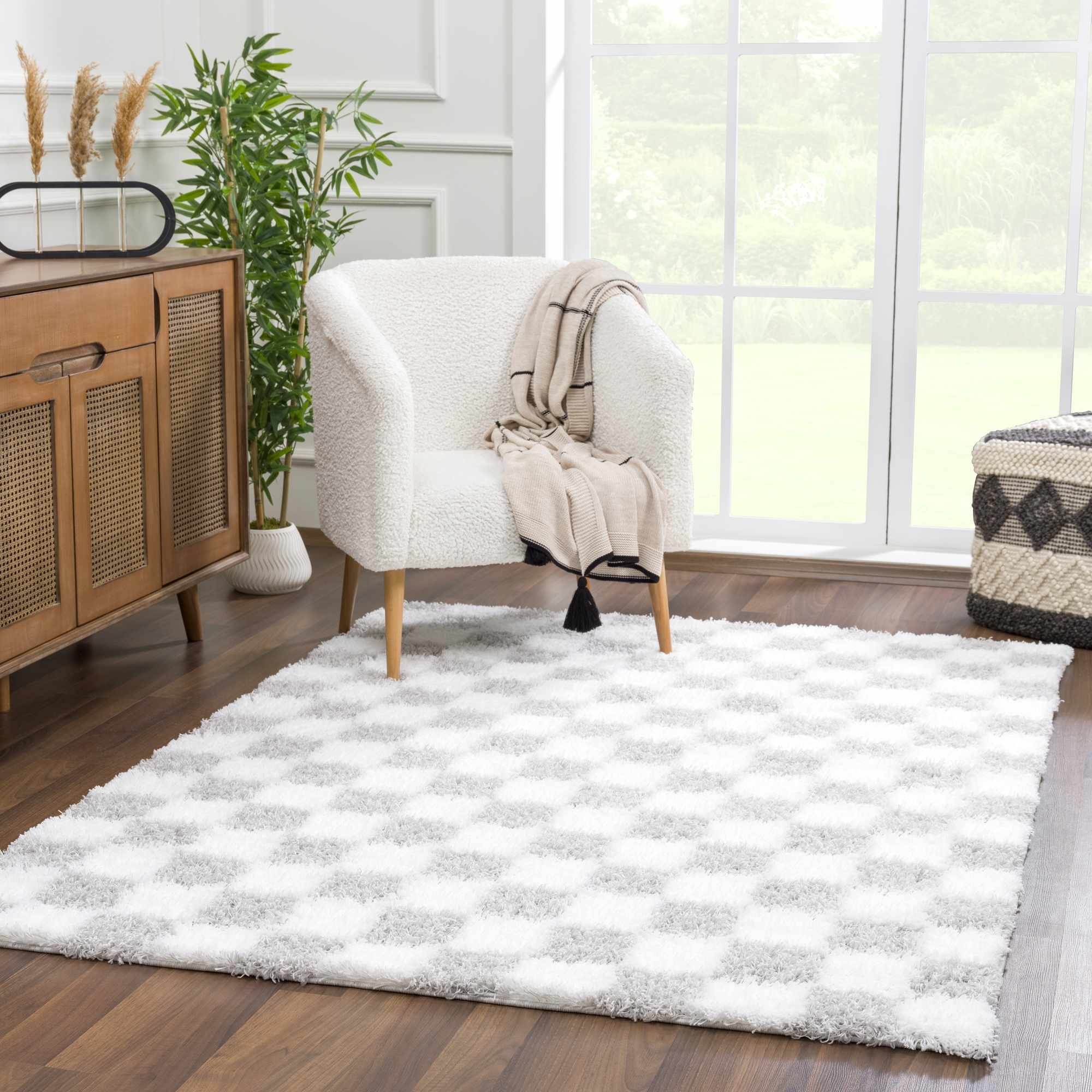 Gray and Ivory Modern Checker Board Plush Pile Moroccan style Area Rug - Image 2