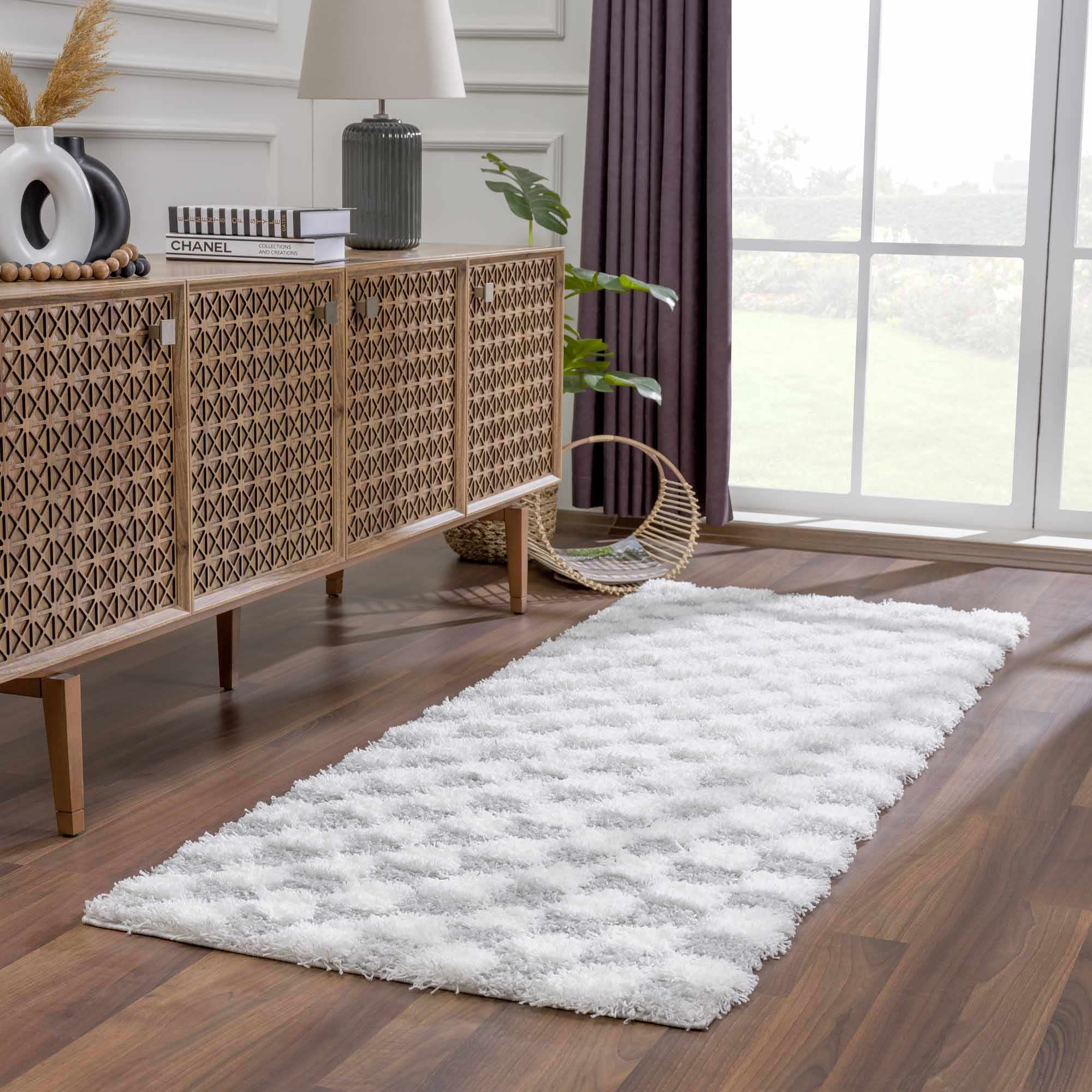 Gray and Ivory Modern Checker Board Plush Pile Moroccan style Area Rug - Image 3