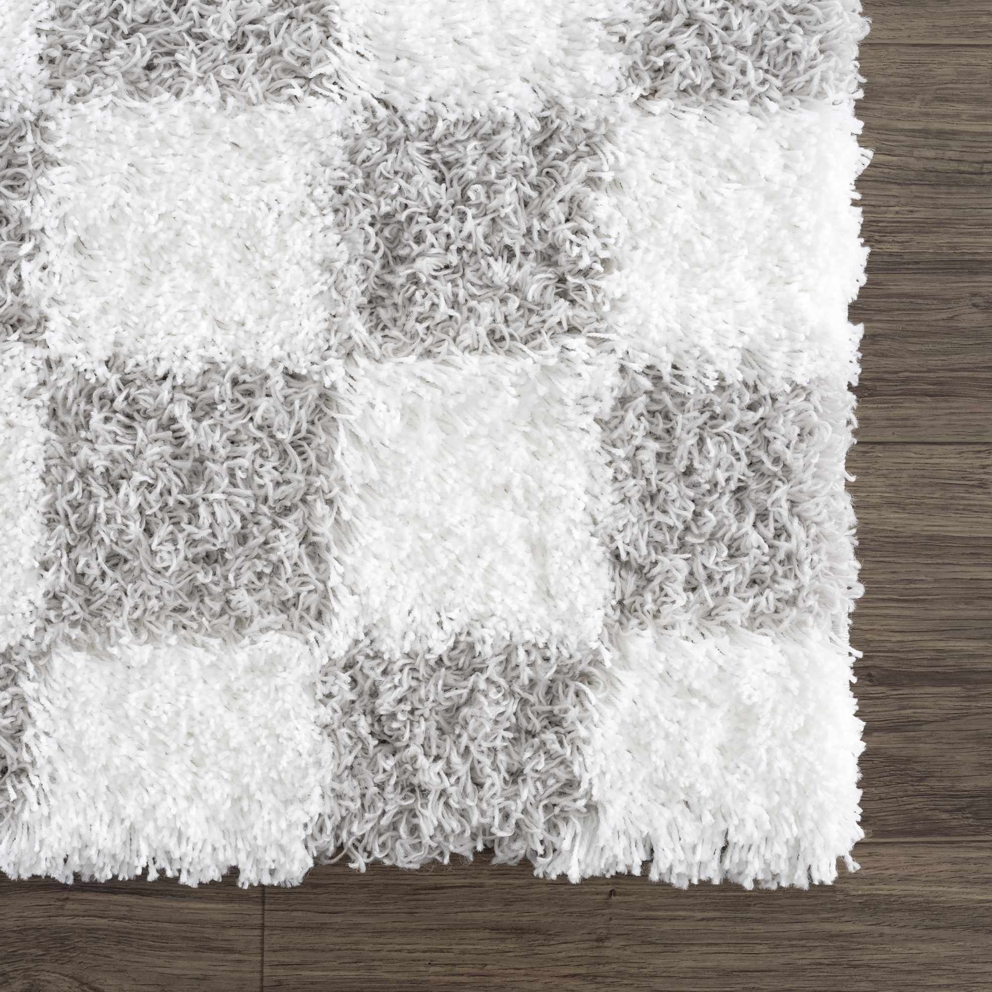 Gray and Ivory Modern Checker Board Plush Pile Moroccan style Area Rug - Image 9