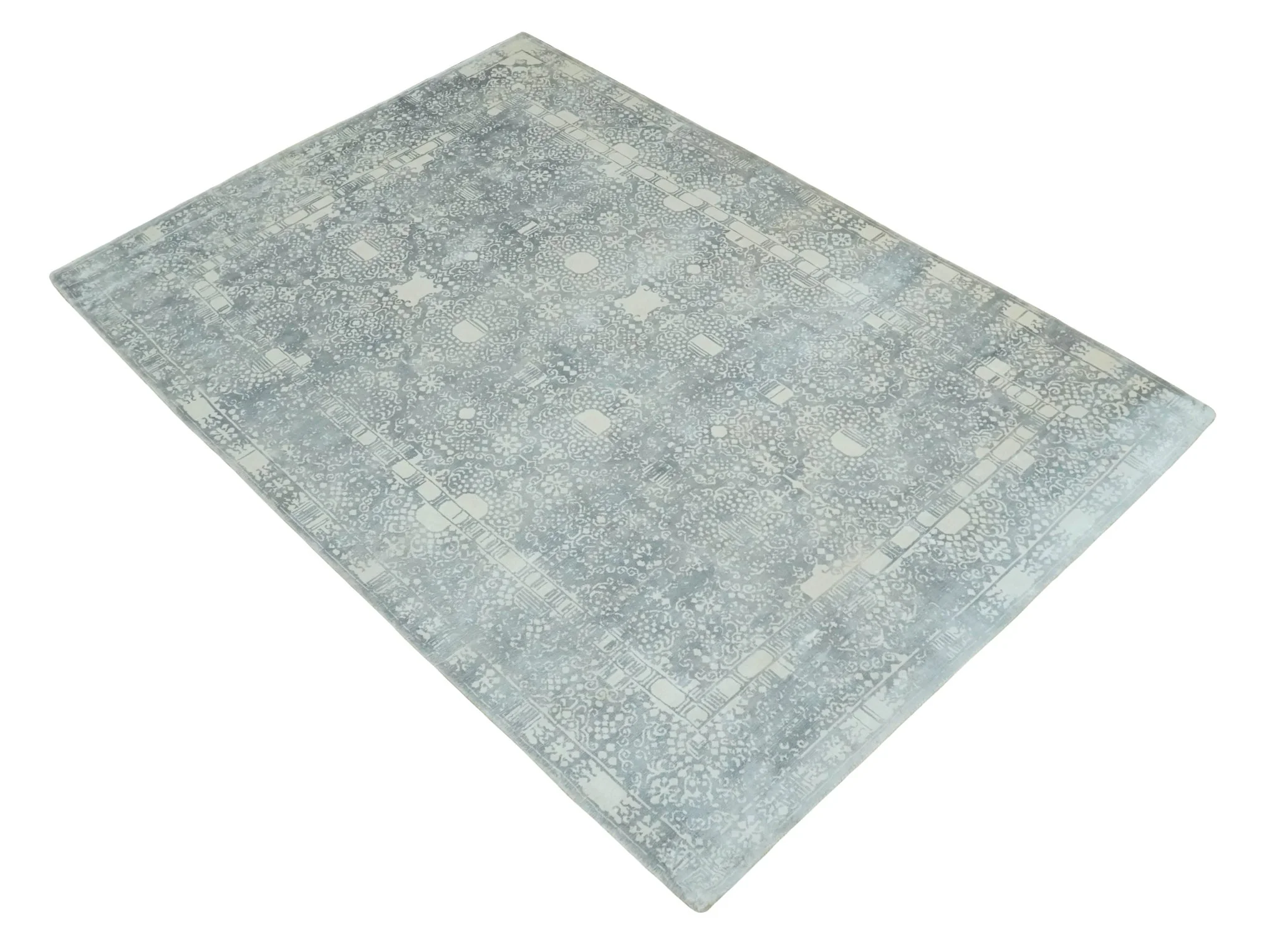 Premium Style Gray and Ivory Traditional Ikat Large design 5.6x8 Hand loom Wool and Viscose Area Rug - Image 10