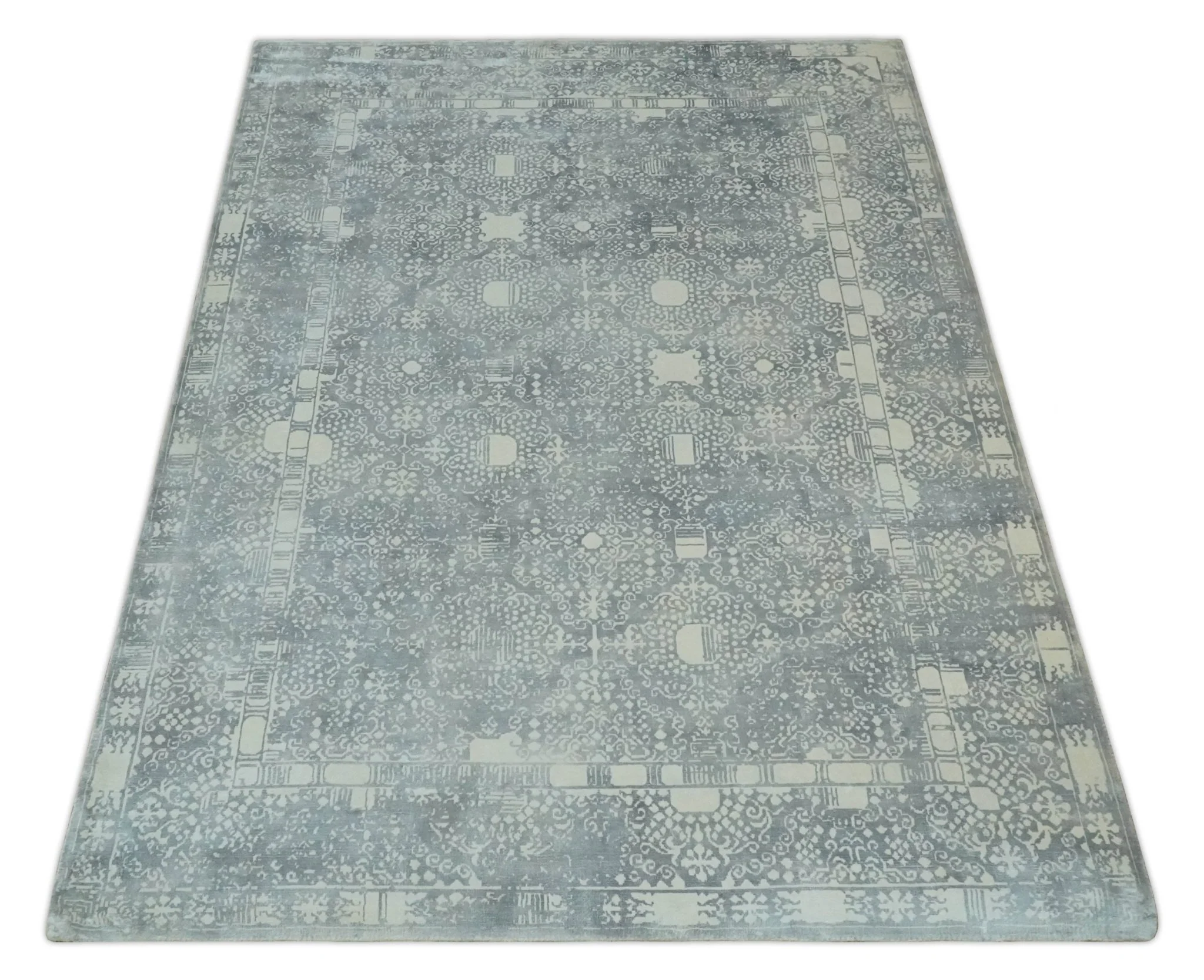 Premium Style Gray and Ivory Traditional Ikat Large design 5.6x8 Hand loom Wool and Viscose Area Rug - Image 11