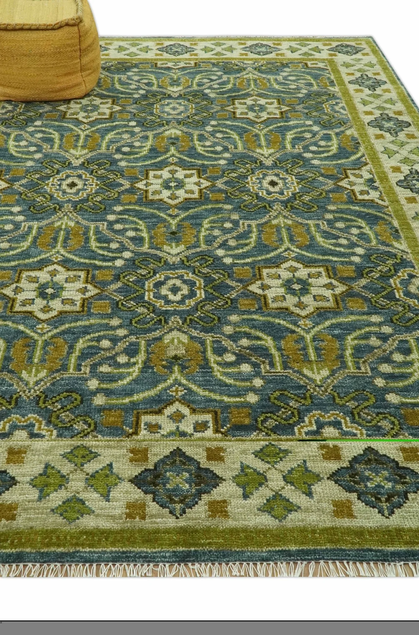 Blue and Olive Traditional motifs design Custom Made wool area rug - Image 3