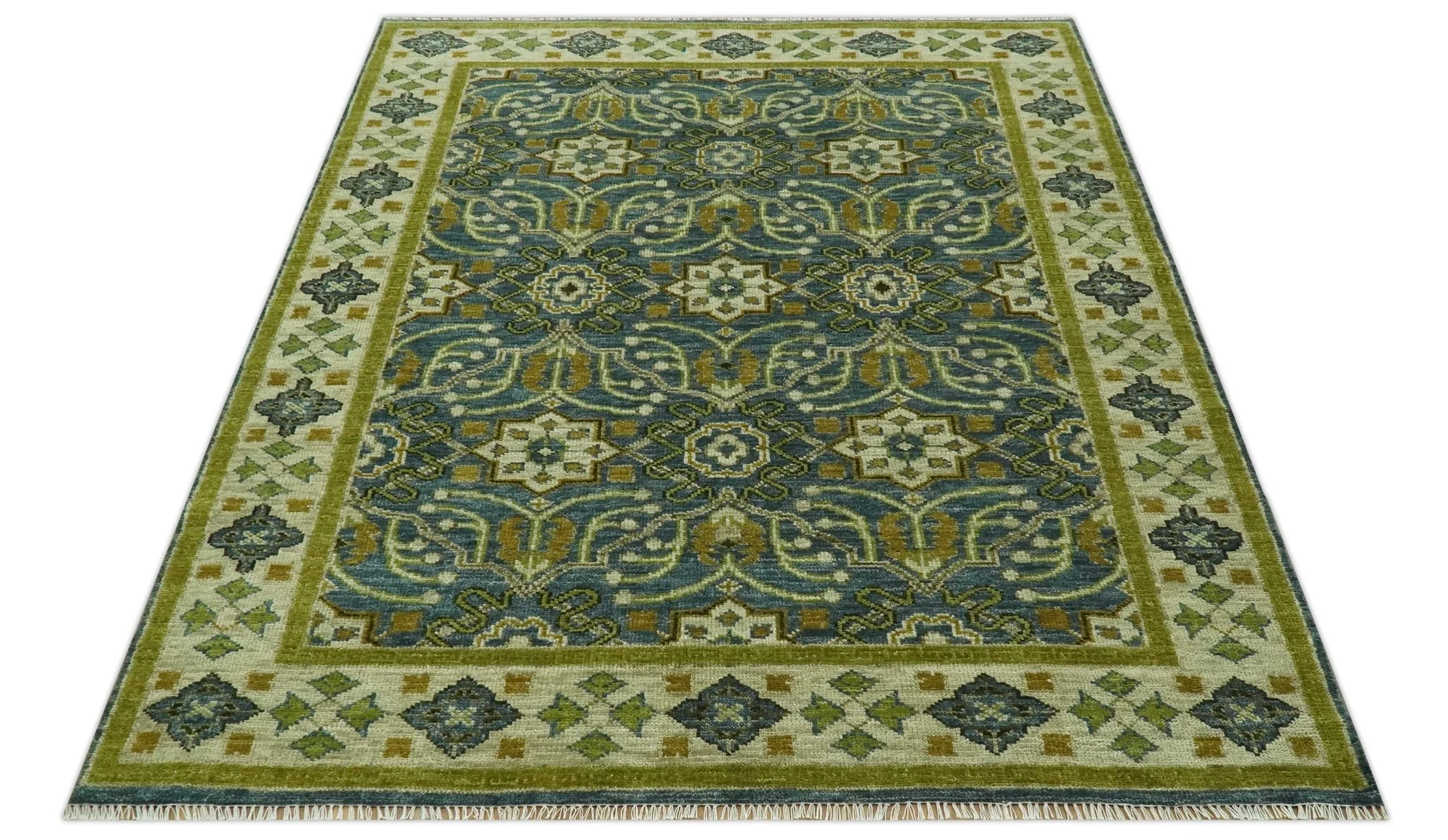 Blue and Olive Traditional motifs design Custom Made wool area rug - Image 5