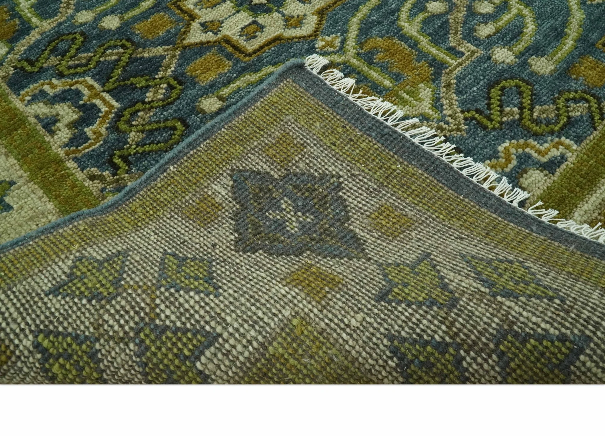 Blue and Olive Traditional motifs design Custom Made wool area rug - Image 6