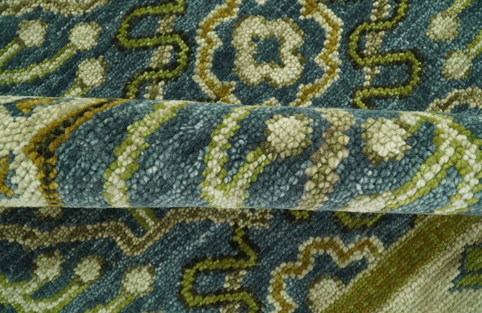 Blue and Olive Traditional motifs design Custom Made wool area rug - Image 9