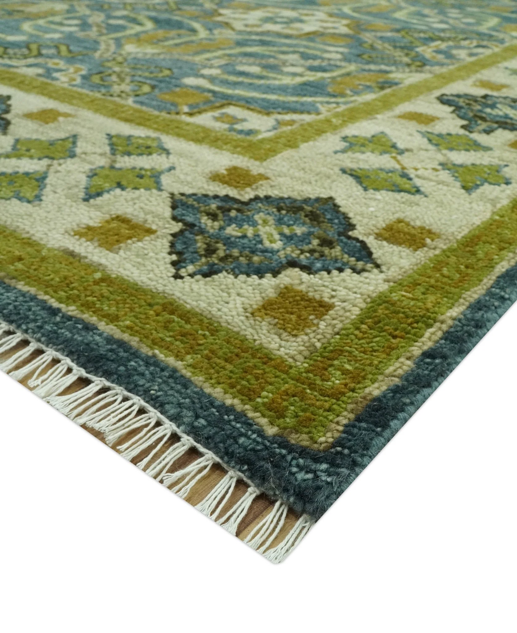 Blue and Olive Traditional motifs design 8x10 wool area rug - Image 10