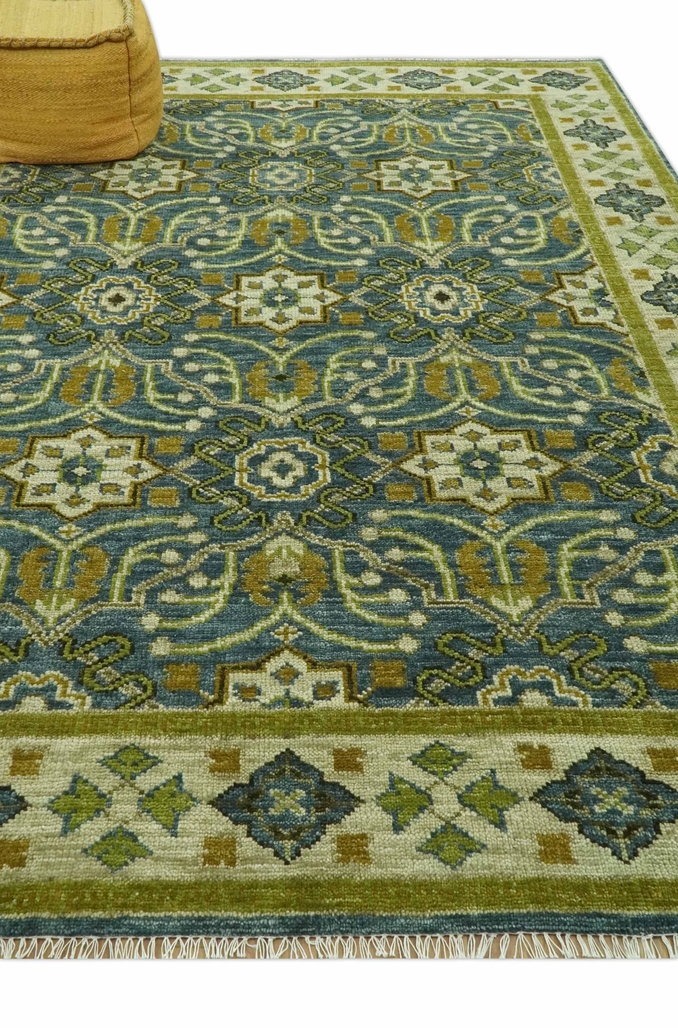 Blue and Olive Traditional motifs design 8x10 wool area rug - Image 3