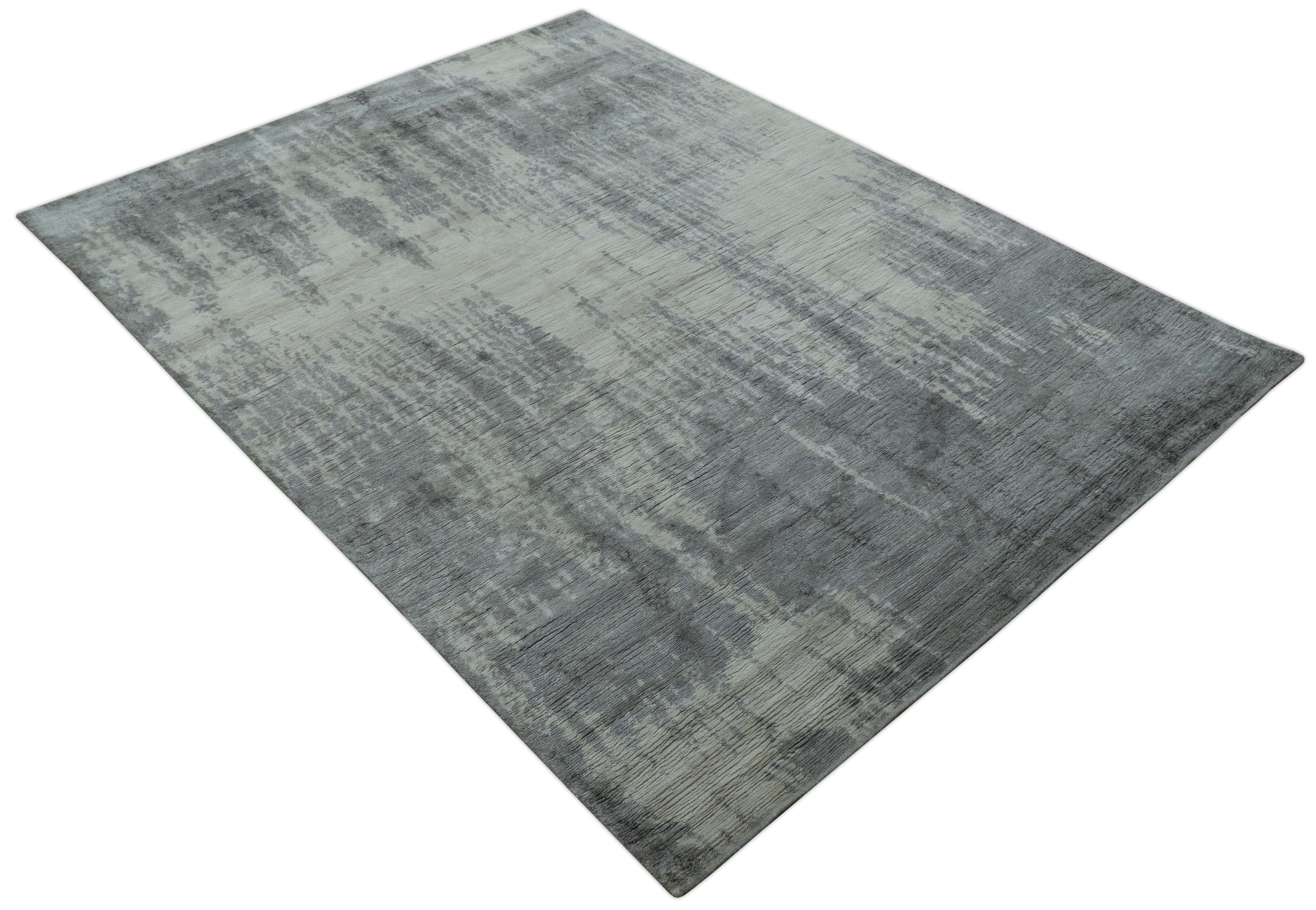 Gray And Silver Modern Abstract Design Hand Knotted Bamboo Silk Area Rug - Image 11