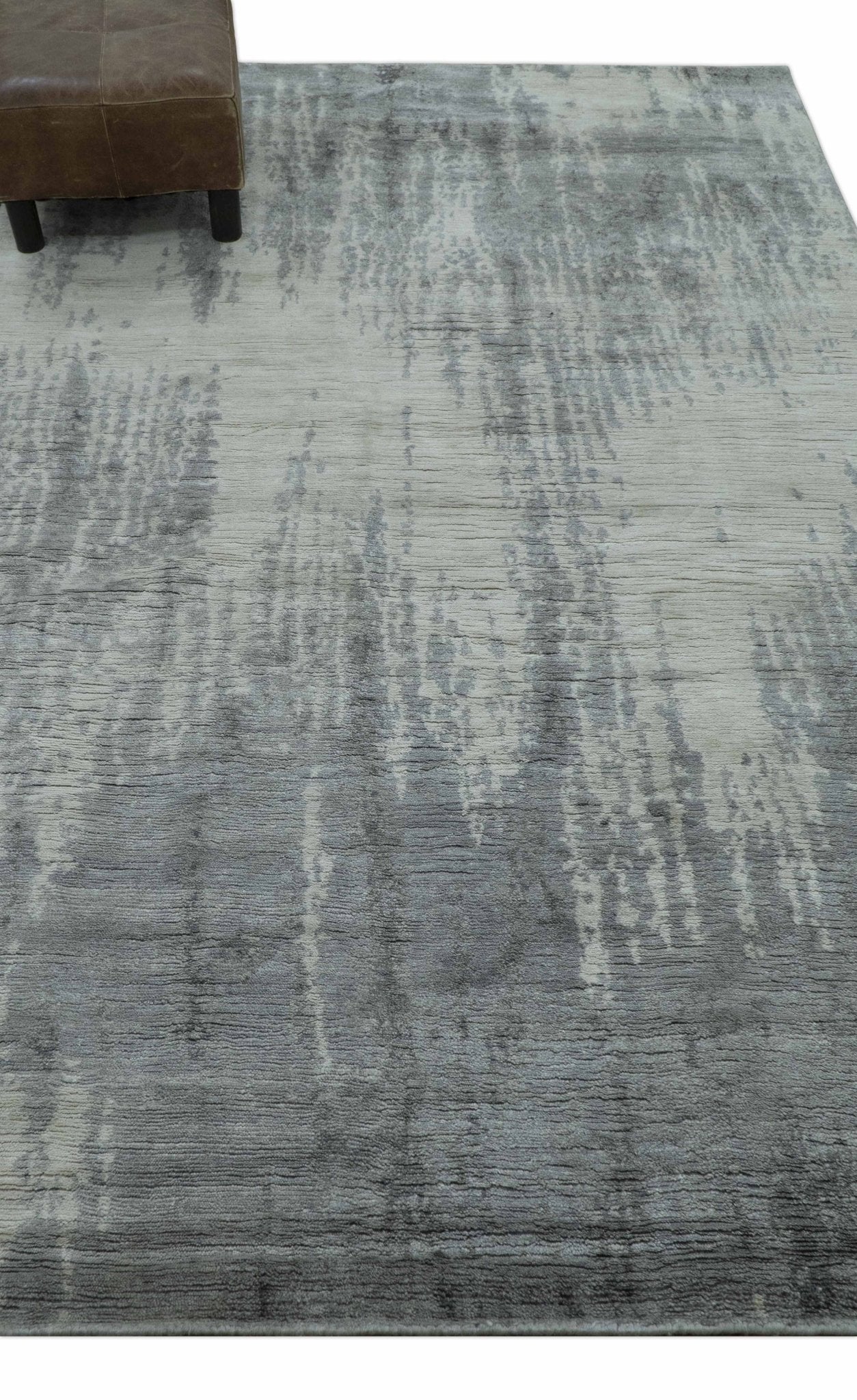 Gray And Silver Modern Abstract Design Hand Knotted Bamboo Silk Area Rug - Image 4