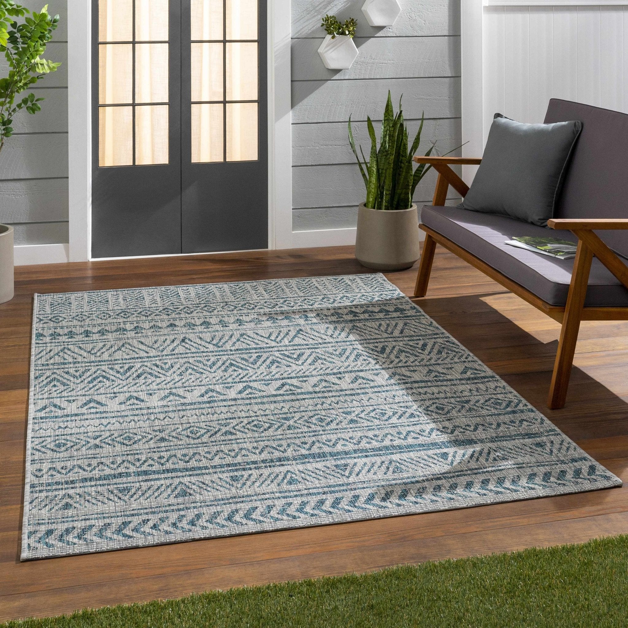 Gray And Teal Chevron Pattern Indoor And Outdoor Area Rug - Image 17