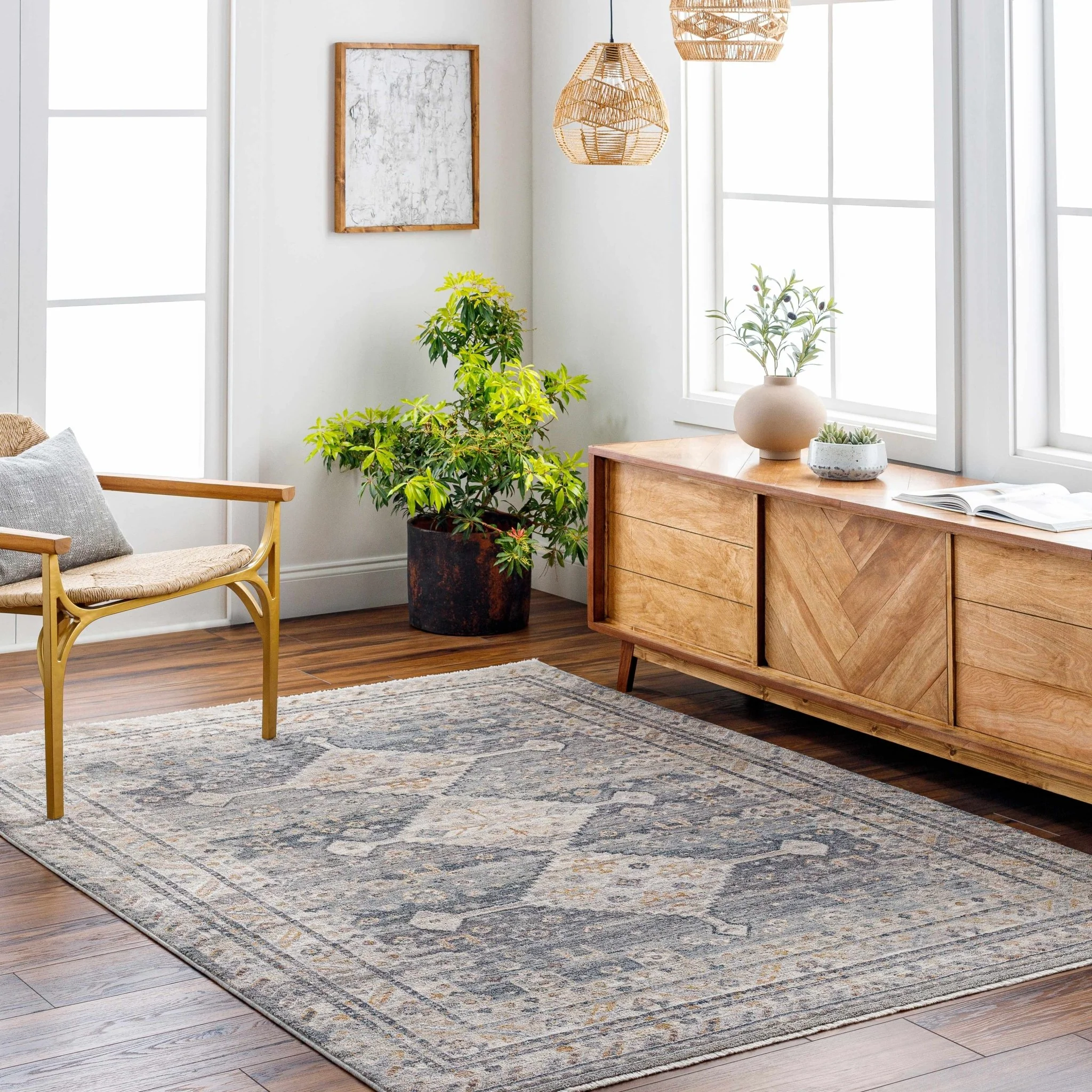 Gray Beige Southwestern Style Machien Woven Rug - Image 2