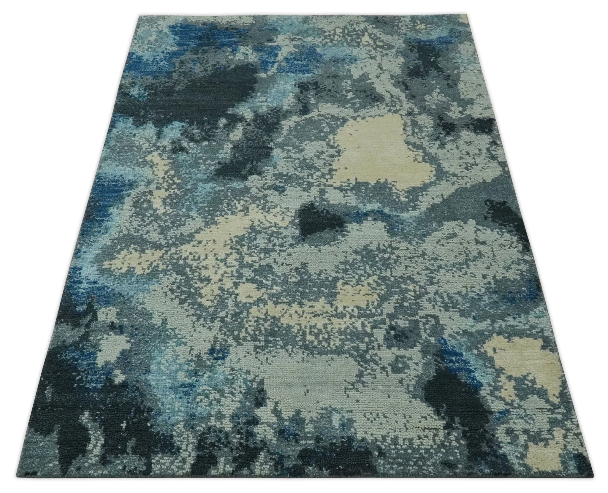 Gray, Blue and Black Modern Abstract 5x8 Hand Knotted wool area rug - Image 10
