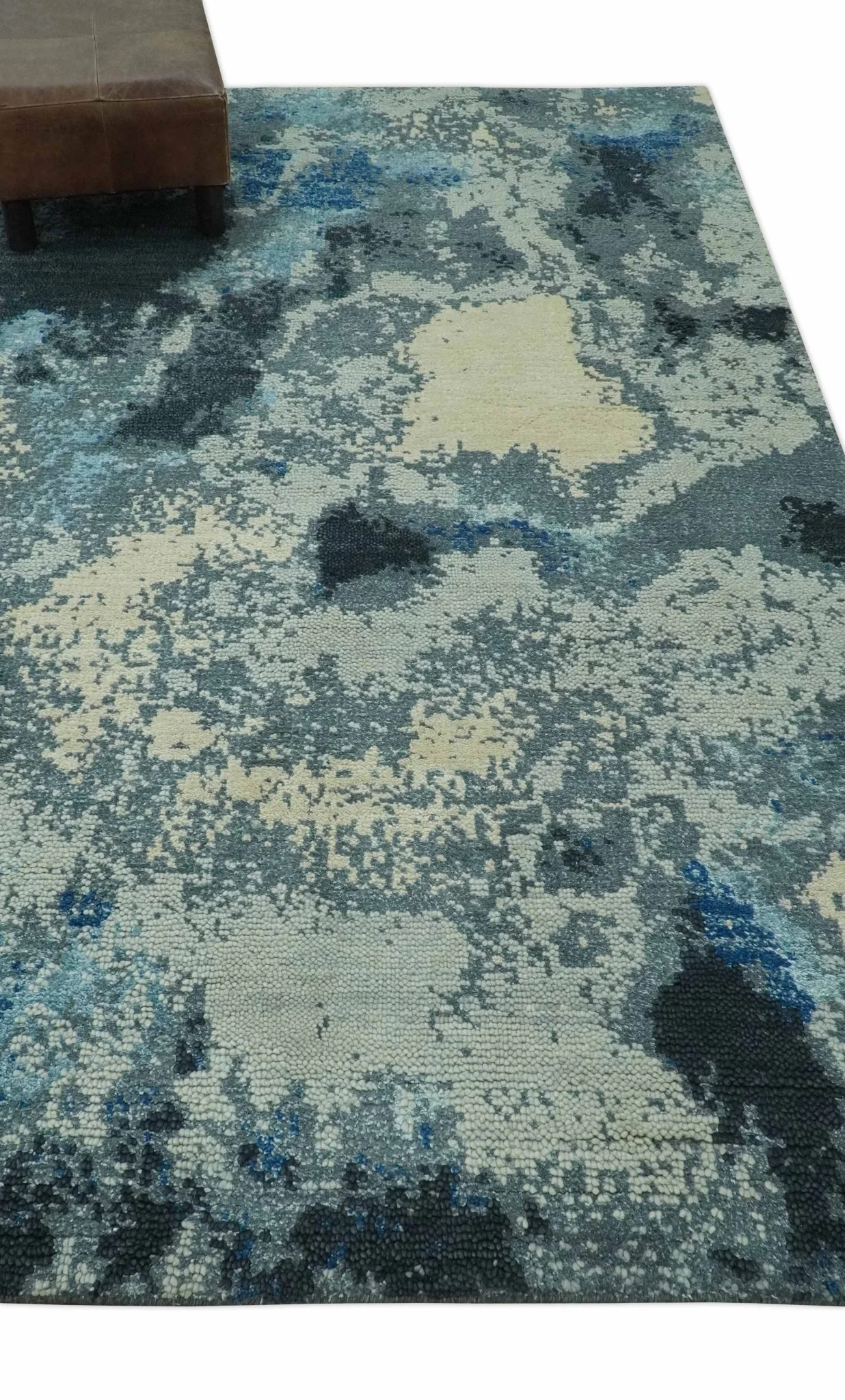 Gray, Blue and Black Modern Abstract 5x8 Hand Knotted wool area rug - Image 3