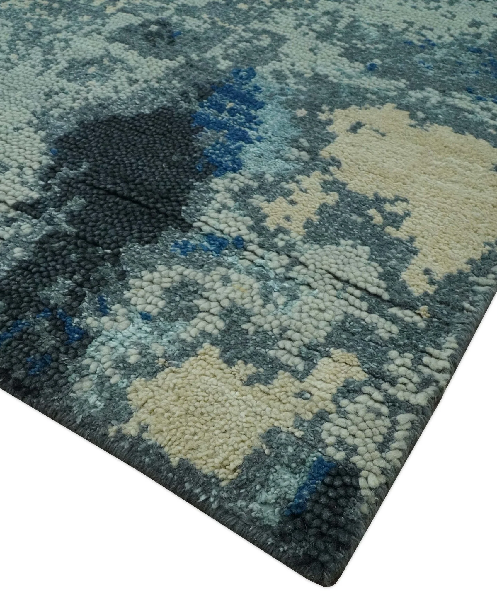 Gray, Blue and Black Modern Abstract 5x8 Hand Knotted wool area rug - Image 5