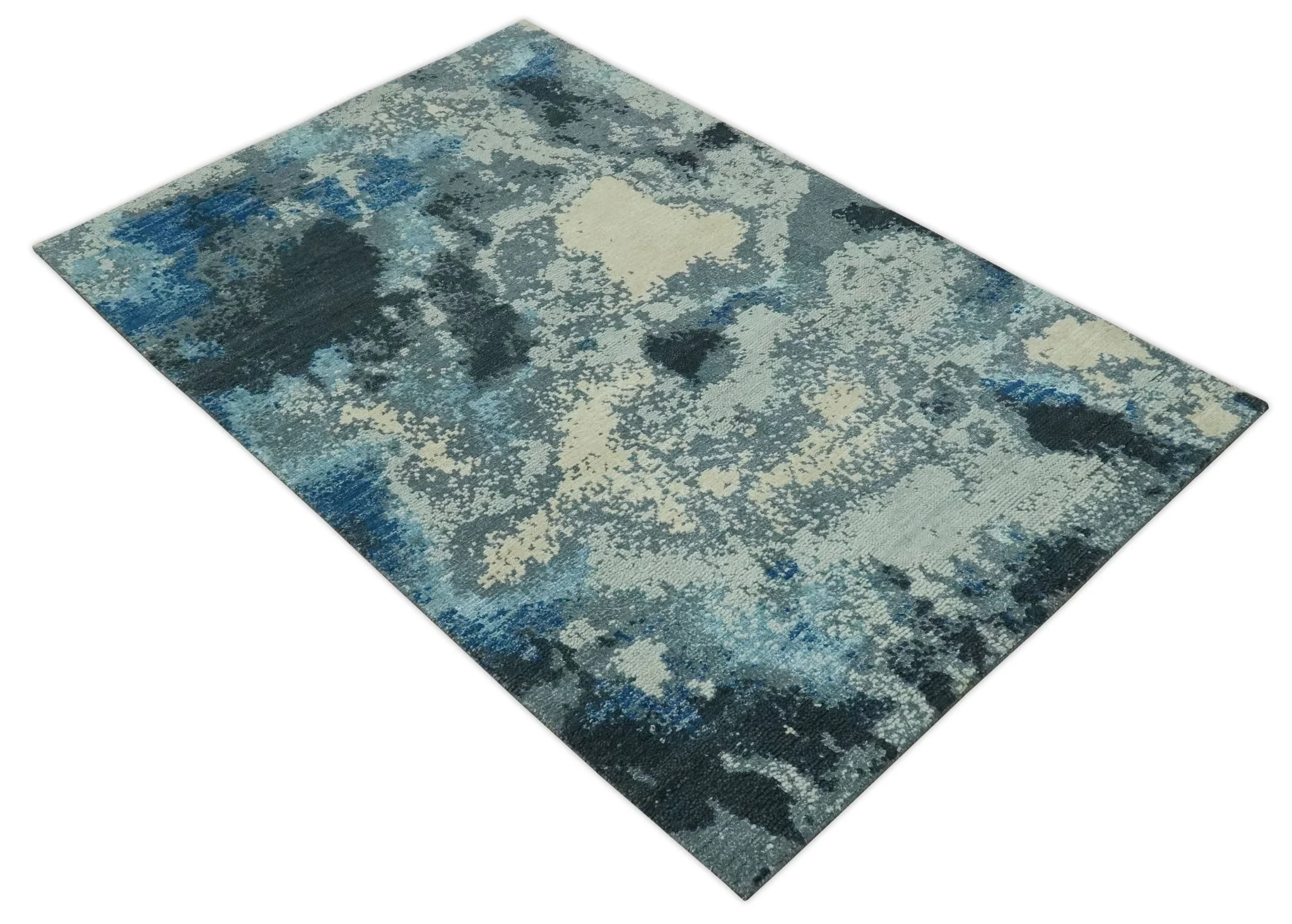 Gray, Blue and Black Modern Abstract 5x8 Hand Knotted wool area rug - Image 9