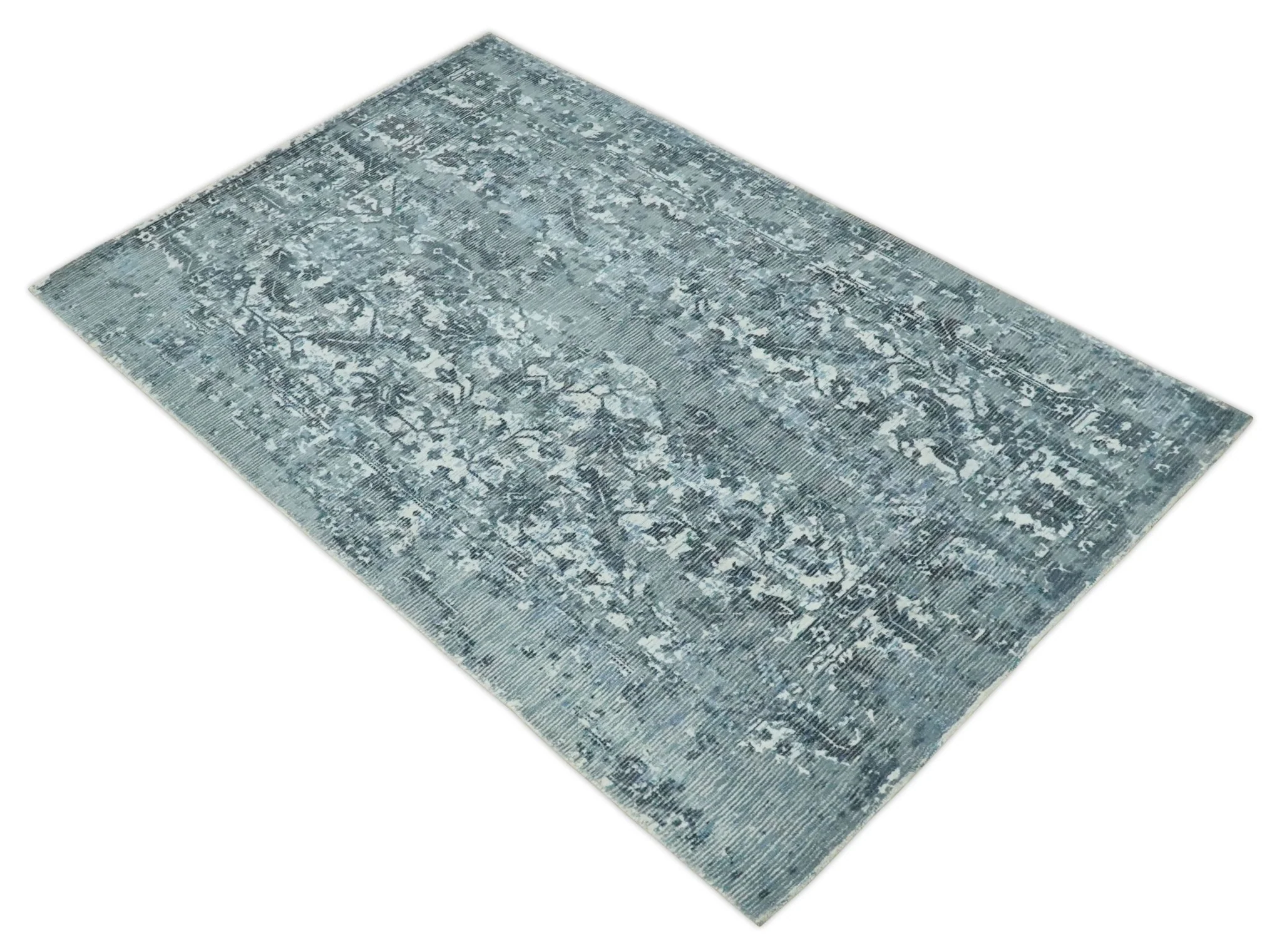 Modern Abstract Gray, Blue, Charcoal and Ivory 5x8 Hand loom wool and Viscose Area Rug - Image 10