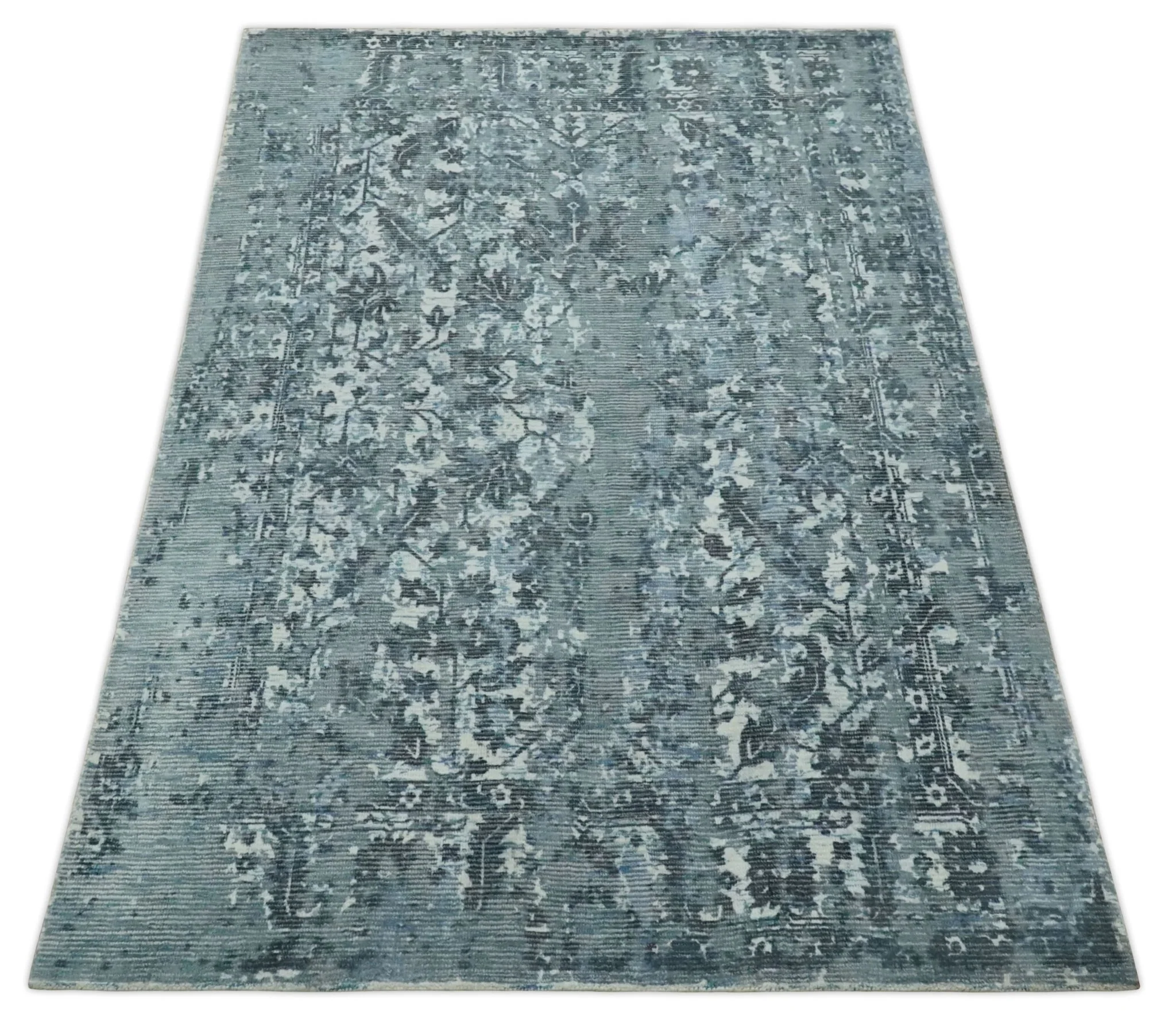 Modern Abstract Gray, Blue, Charcoal and Ivory 5x8 Hand loom wool and Viscose Area Rug - Image 11