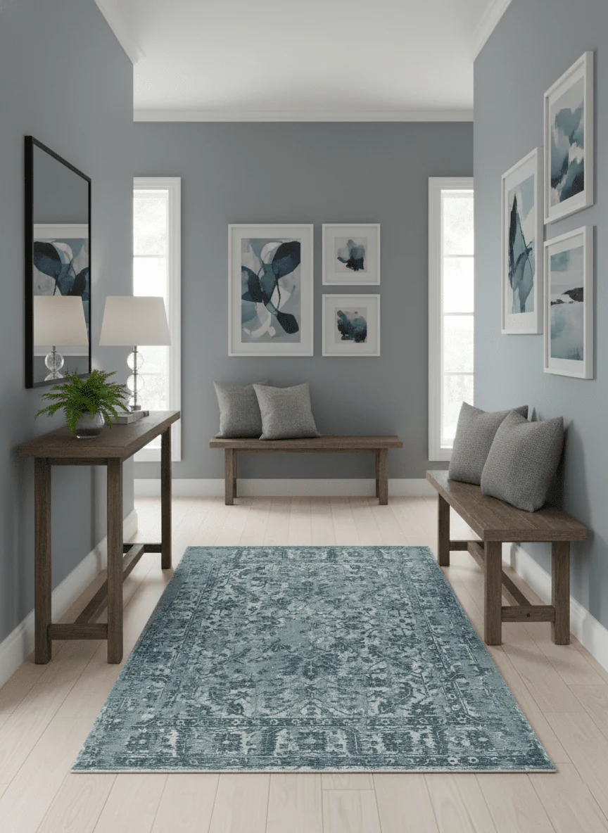 Modern Abstract Gray, Blue, Charcoal and Ivory 5x8 Hand loom wool and Viscose Area Rug - Image 2