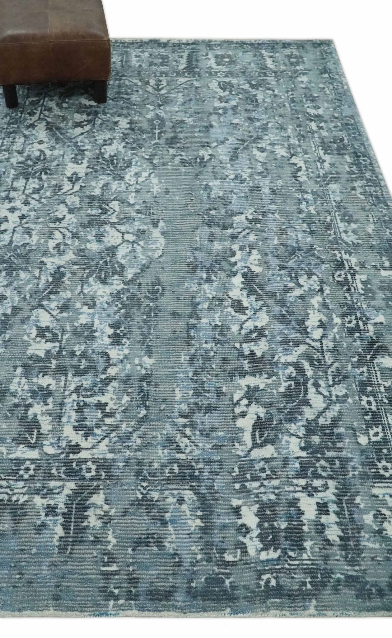 Modern Abstract Gray, Blue, Charcoal and Ivory 5x8 Hand loom wool and Viscose Area Rug - Image 4