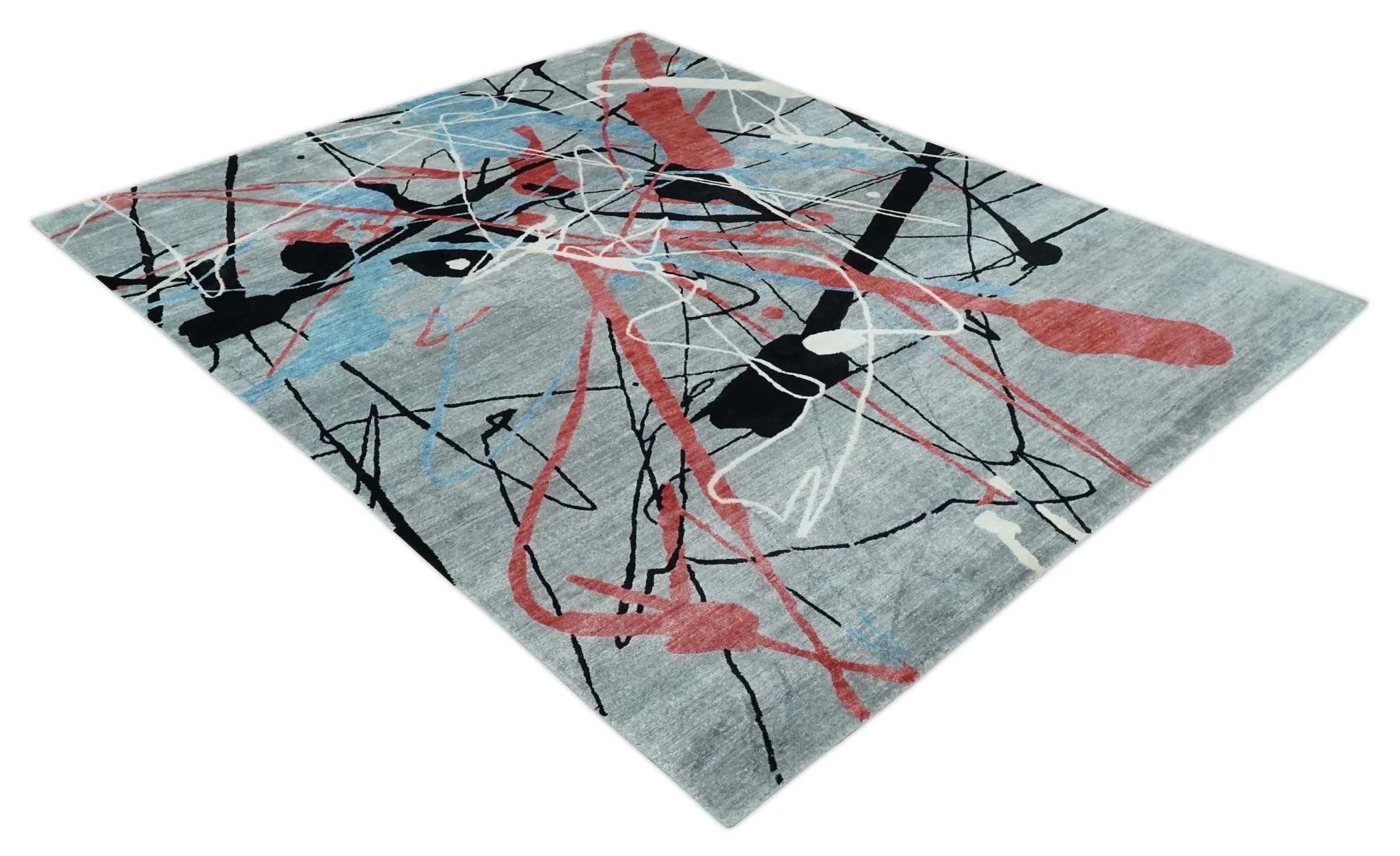Modern Artistic Rug 8x10 Gray, Blue, Rust and Black Abstract Hand Knotted Bamboo Silk Area Rug - Image 10