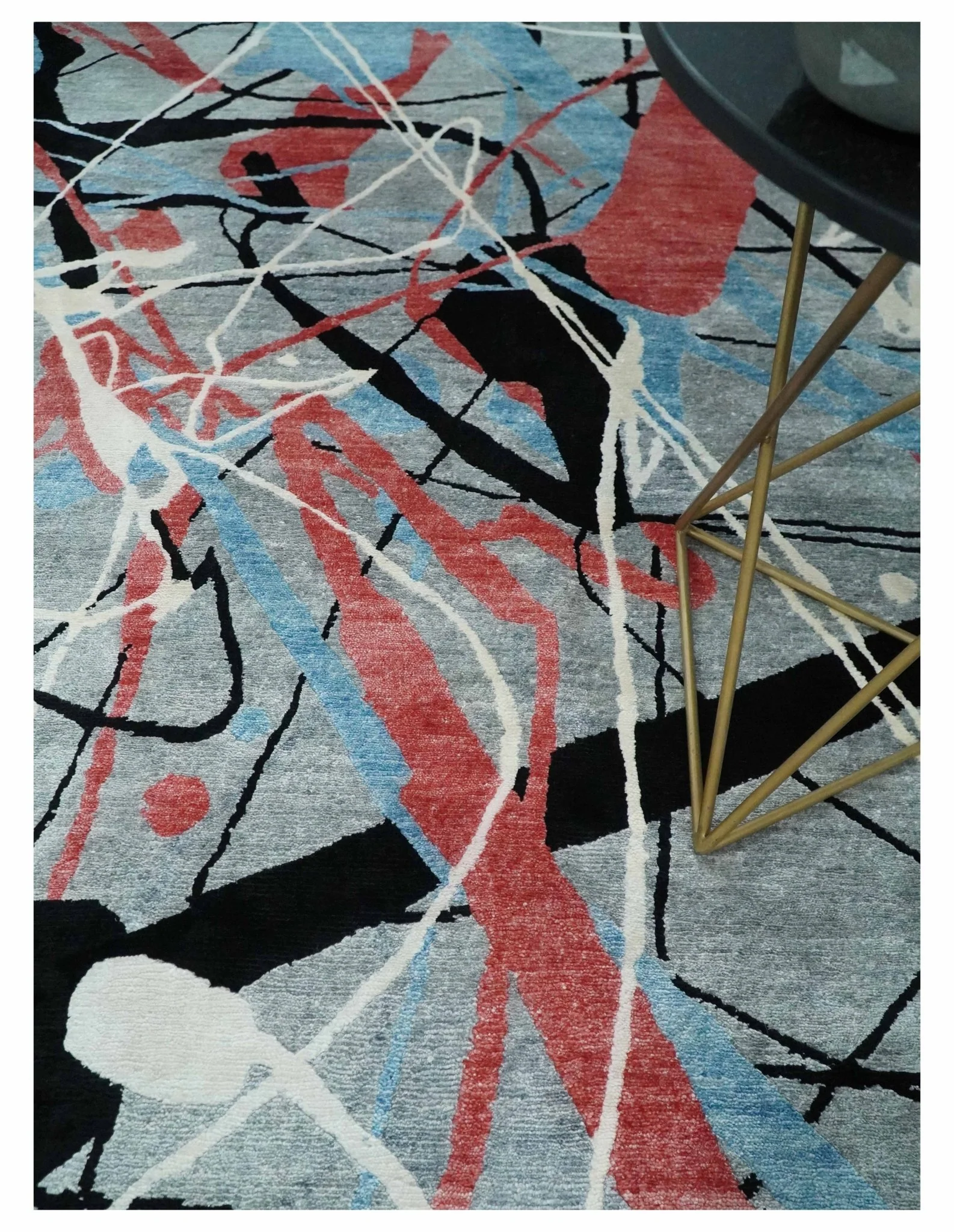 Modern Artistic Rug 8x10 Gray, Blue, Rust and Black Abstract Hand Knotted Bamboo Silk Area Rug - Image 2