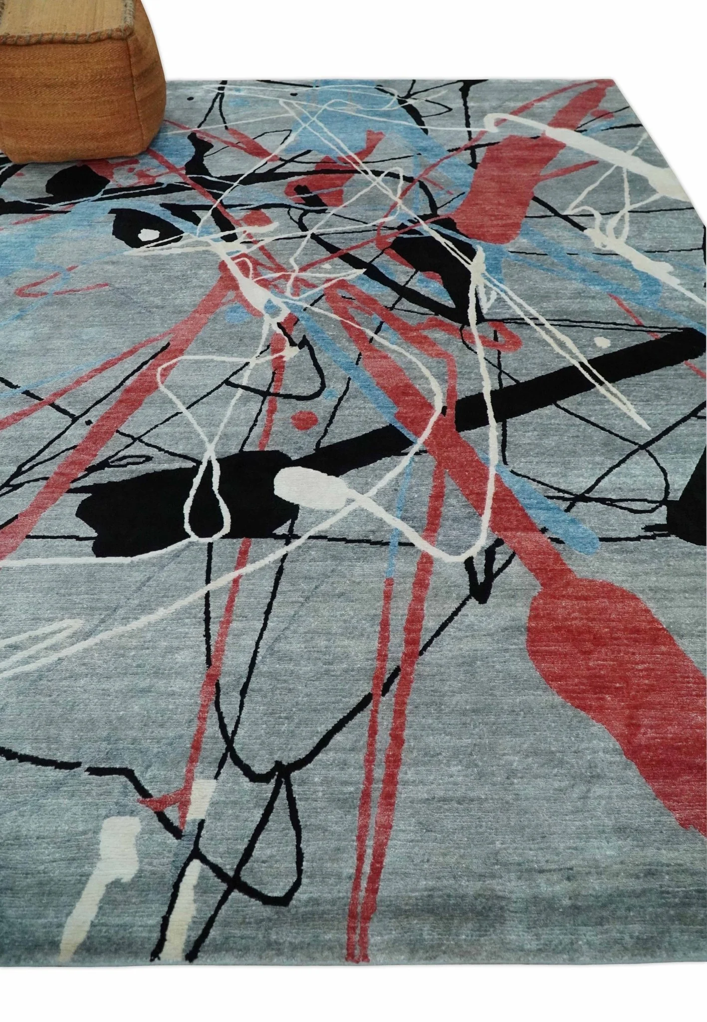 Modern Artistic Rug 8x10 Gray, Blue, Rust and Black Abstract Hand Knotted Bamboo Silk Area Rug - Image 3