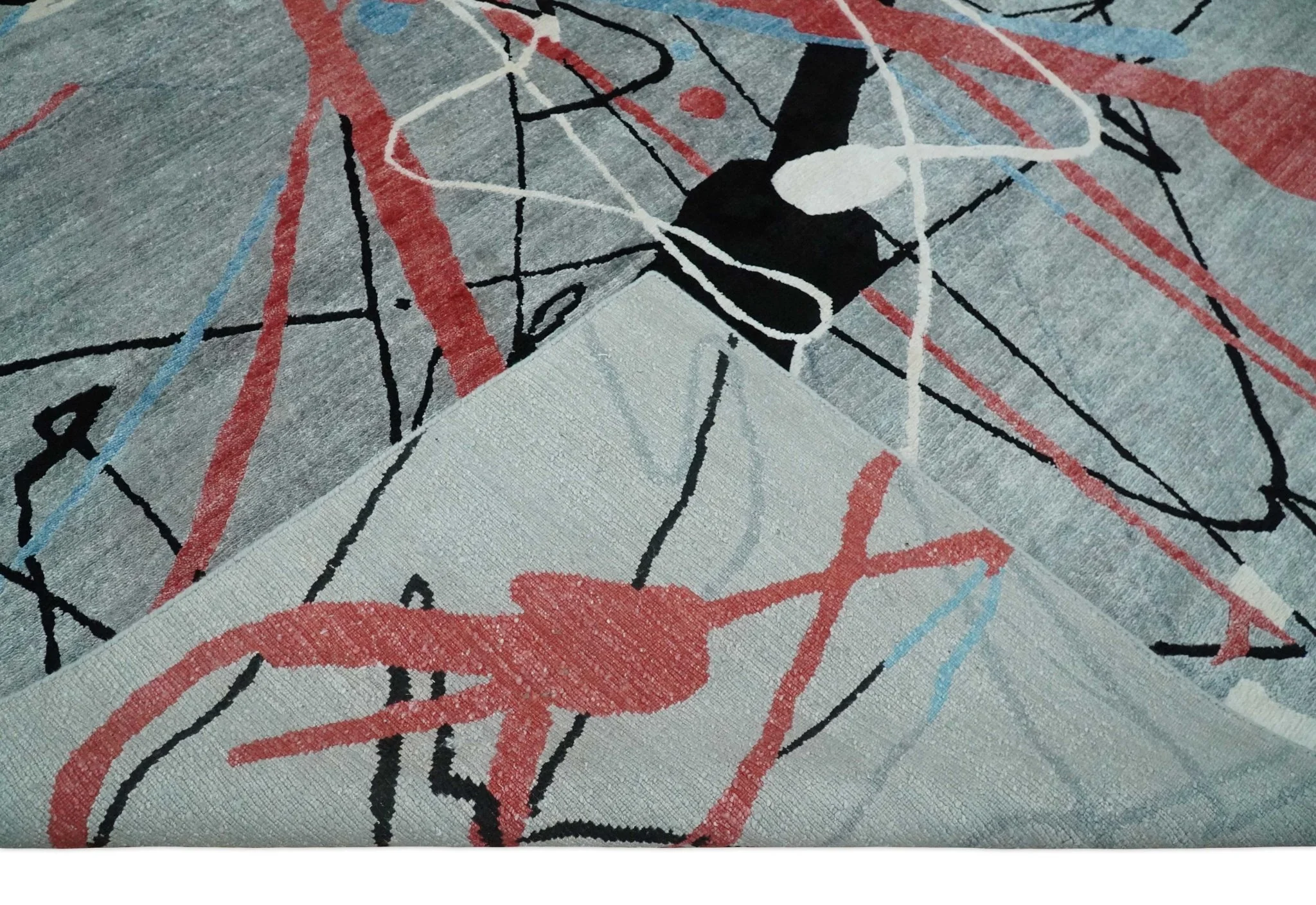 Modern Artistic Rug 8x10 Gray, Blue, Rust and Black Abstract Hand Knotted Bamboo Silk Area Rug - Image 7