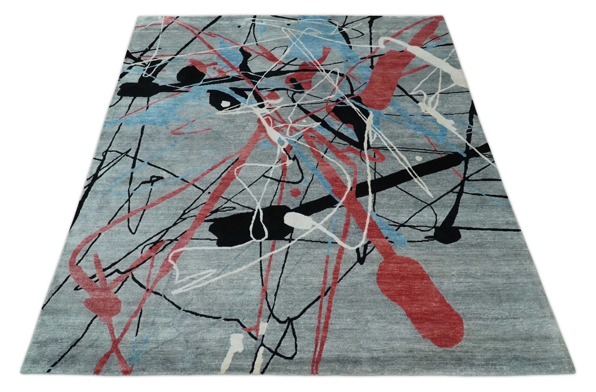 Modern Artistic Rug 8x10 Gray, Blue, Rust and Black Abstract Hand Knotted Bamboo Silk Area Rug - Image 9