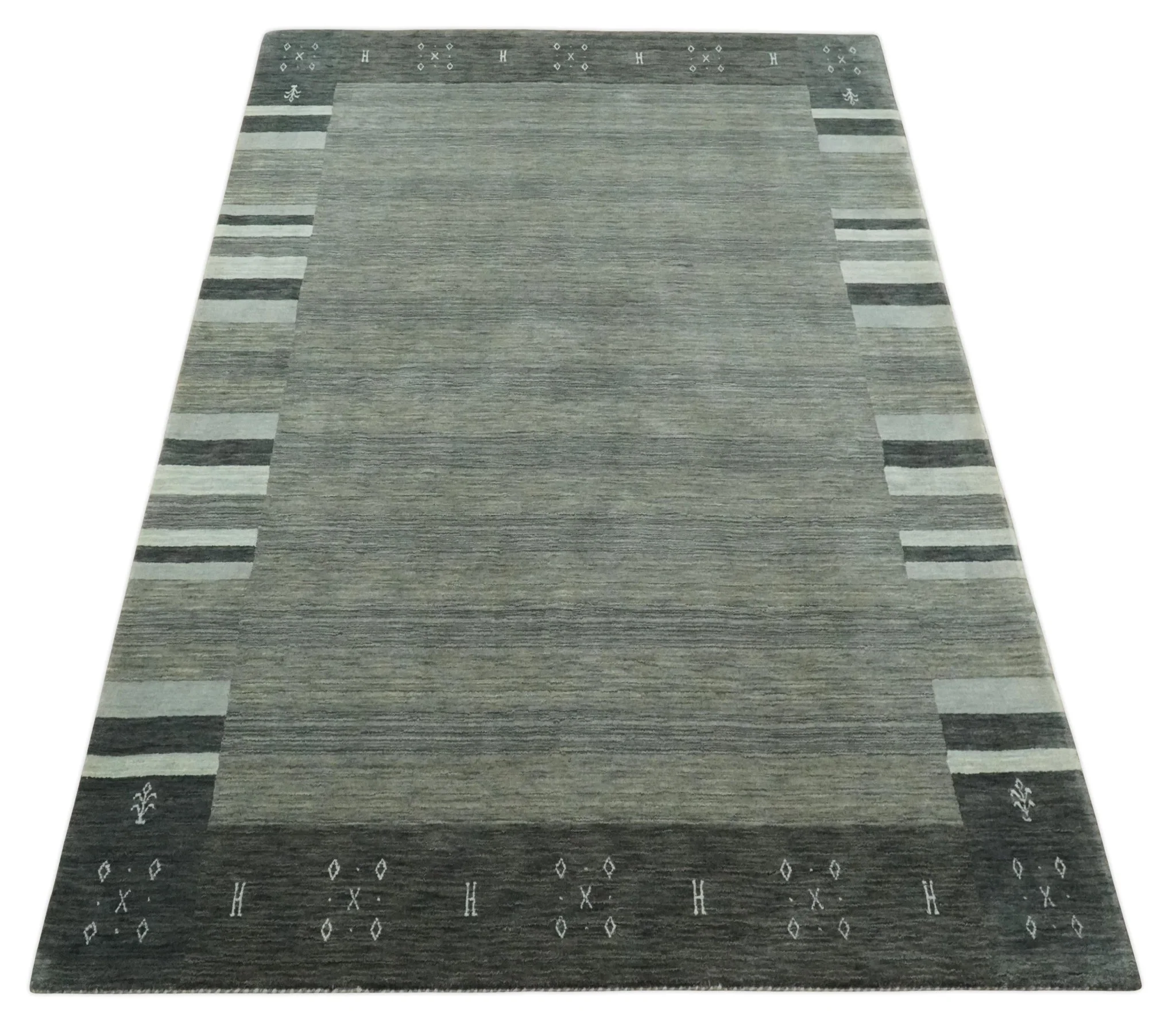 5x8 Gray, Charcoal and Ivory with Striped Wool Hand Woven Southwestern Lori Gabbeh Rug| KNT27 - Image 10
