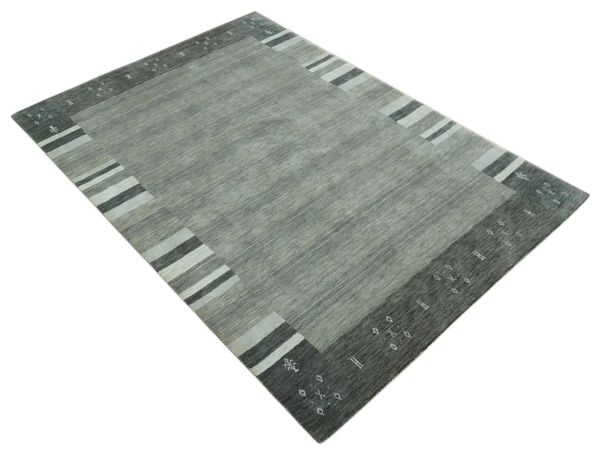 5x8 Gray, Charcoal and Ivory with Striped Wool Hand Woven Southwestern Lori Gabbeh Rug| KNT27 - Image 7