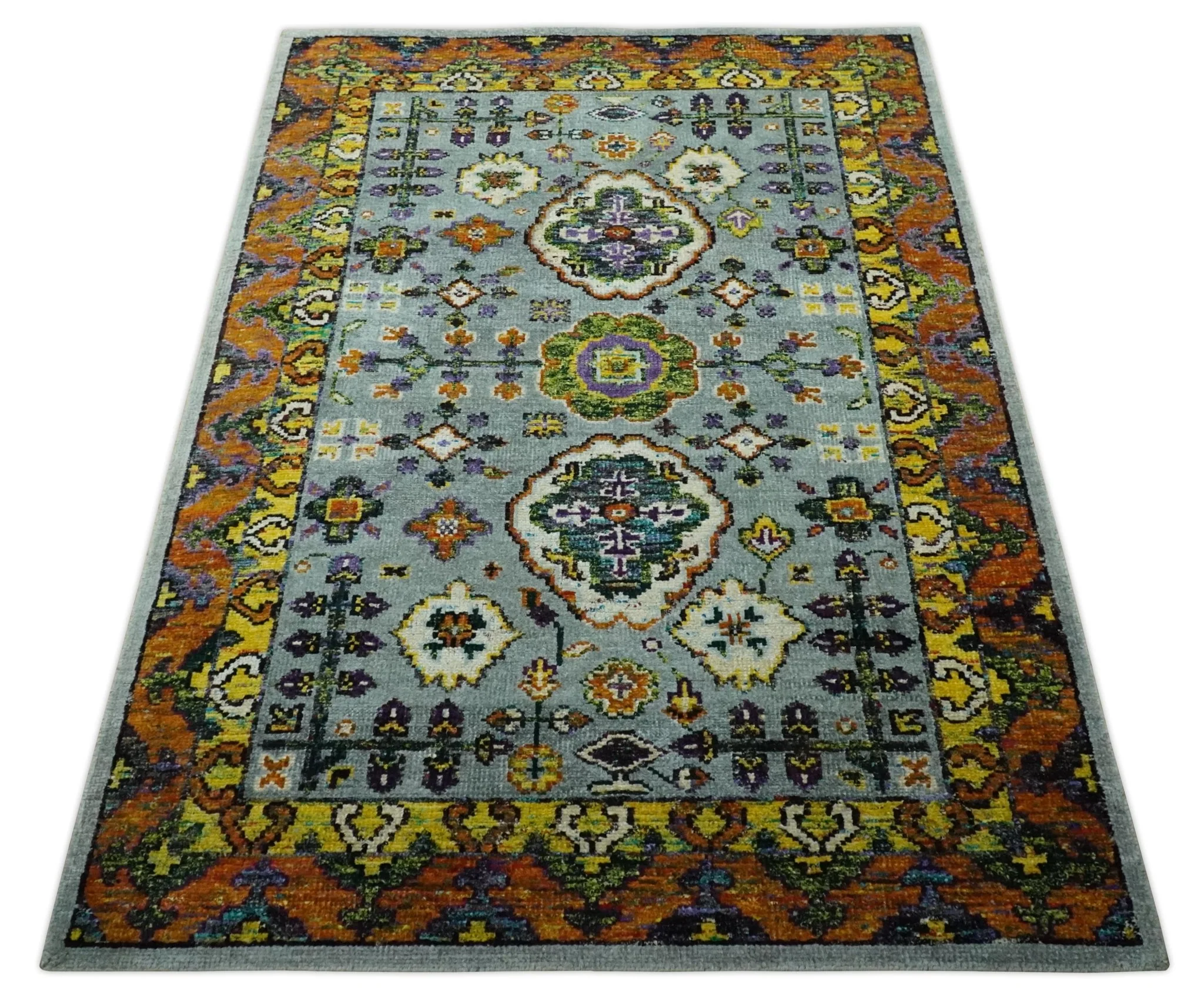 Gray, Gold and Mustard 5.6x8.6 Hand Knotted Traditional Oushak wool Area Rug - Image 10