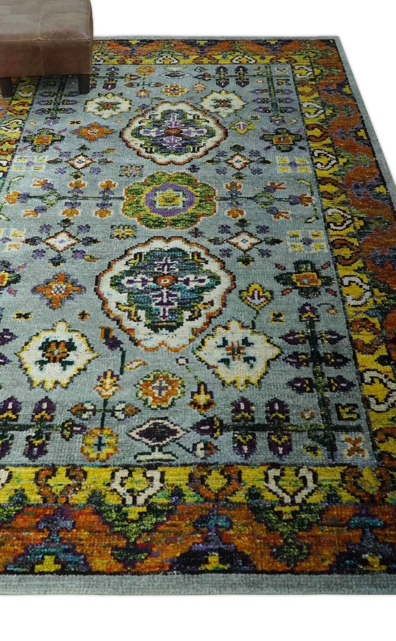 Gray, Gold and Mustard 5.6x8.6 Hand Knotted Traditional Oushak wool Area Rug - Image 3