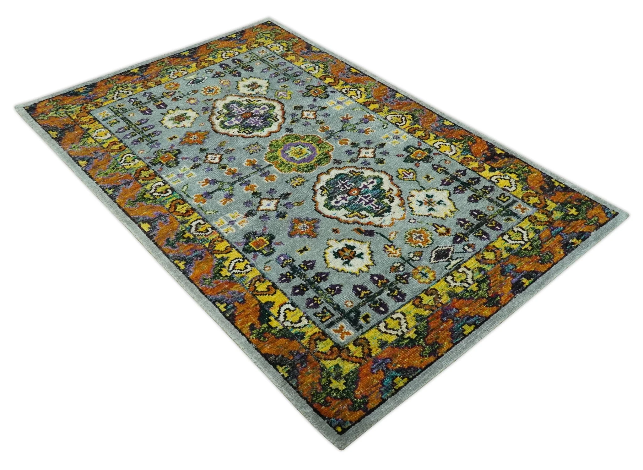 Gray, Gold and Mustard 5.6x8.6 Hand Knotted Traditional Oushak wool Area Rug - Image 9