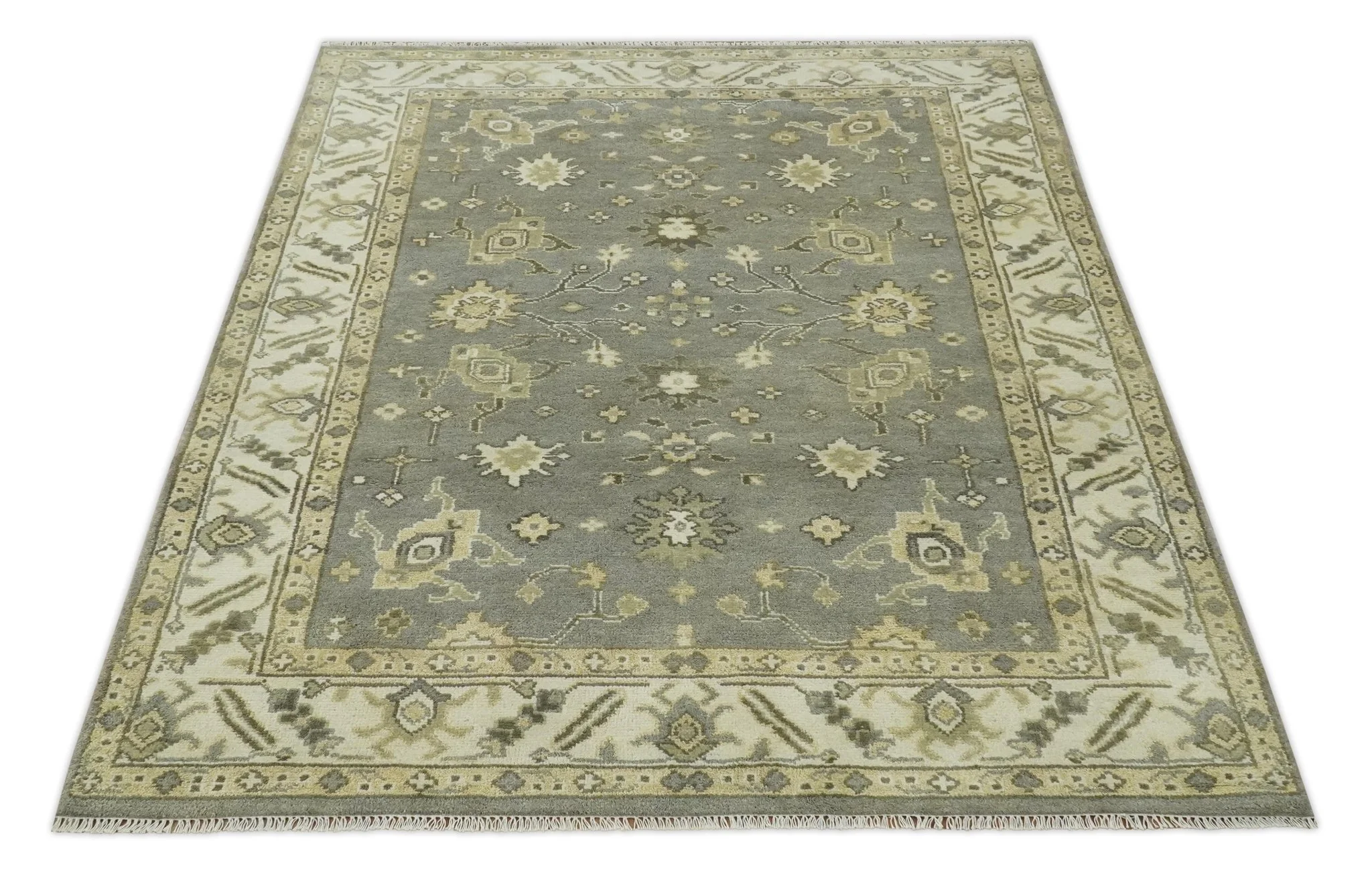 Gray, Ivory and Beige 6x8.8 Hand Knotted Traditional Oushak wool area rug - Image 10