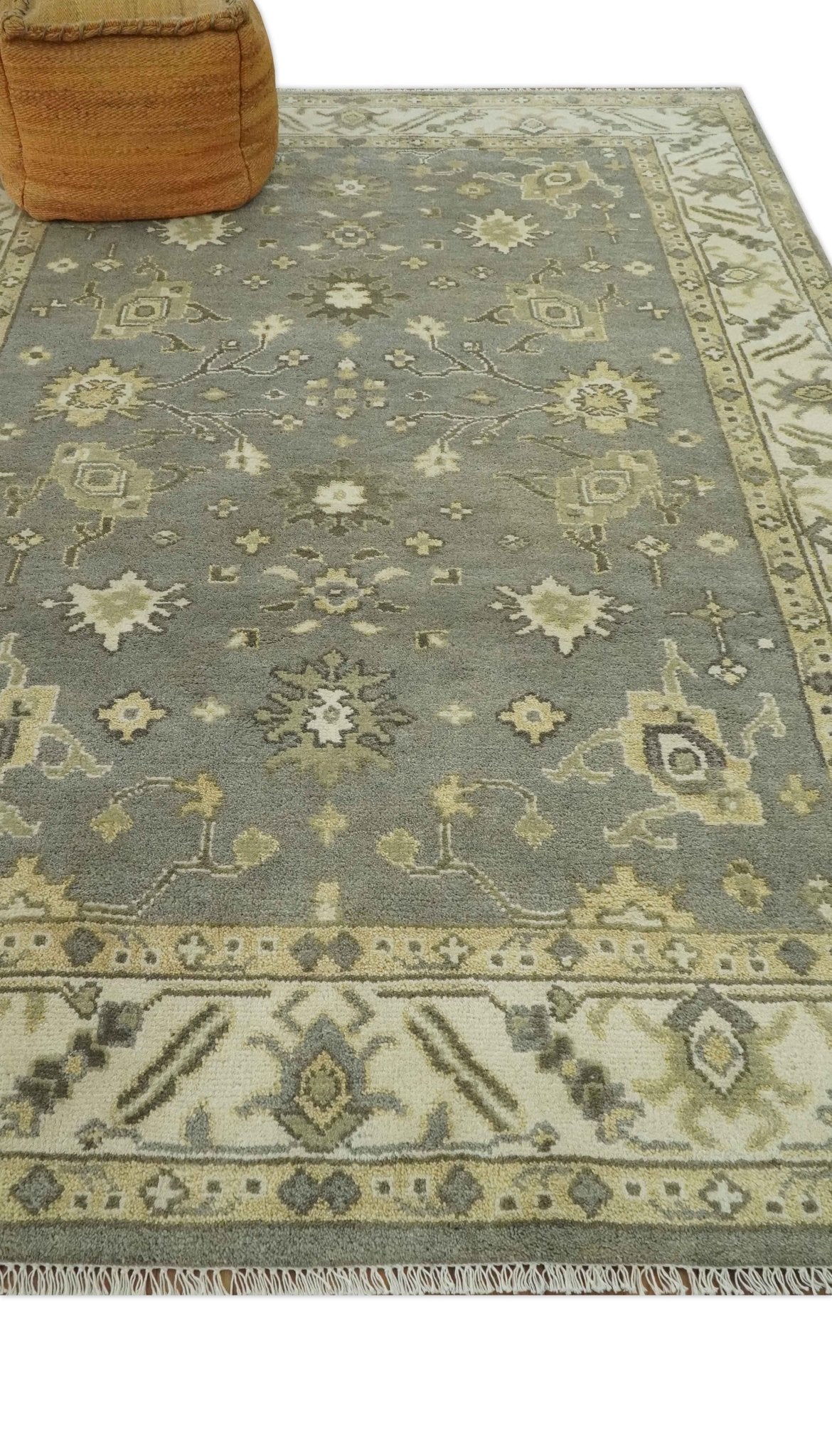 Gray, Ivory and Beige 6x8.8 Hand Knotted Traditional Oushak wool area rug - Image 3