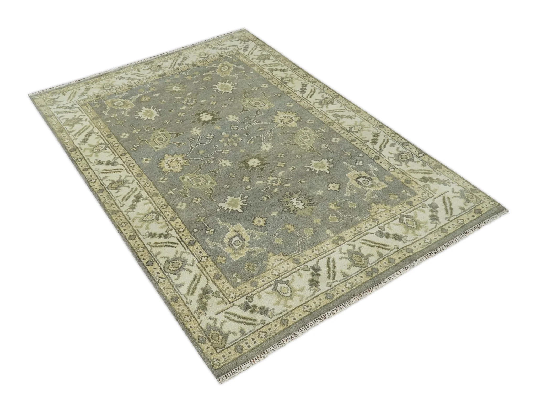 Gray, Ivory and Beige 6x8.8 Hand Knotted Traditional Oushak wool area rug - Image 9