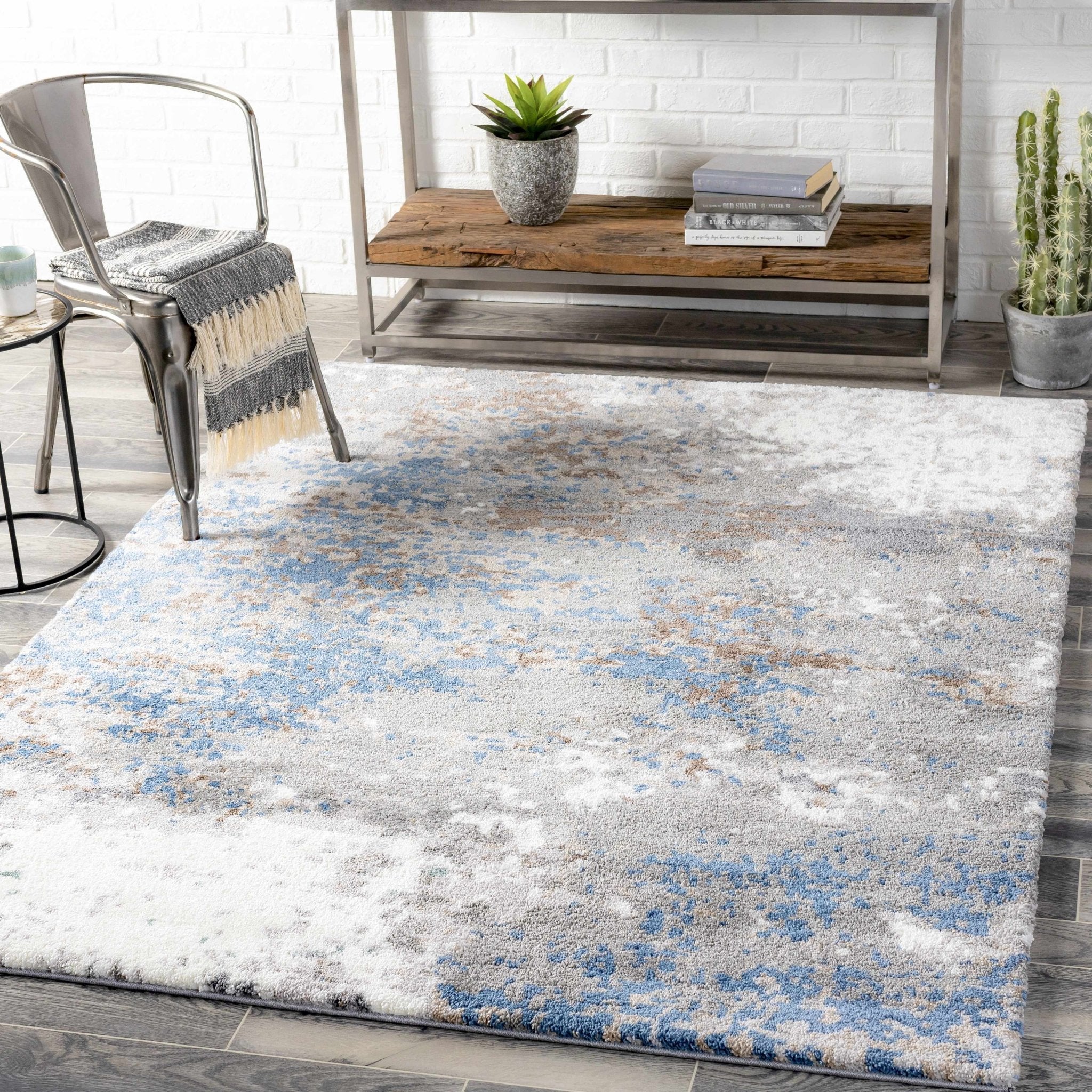 Gray, Ivory and Blue Modern Abstract Contemporary area rug - Image 2