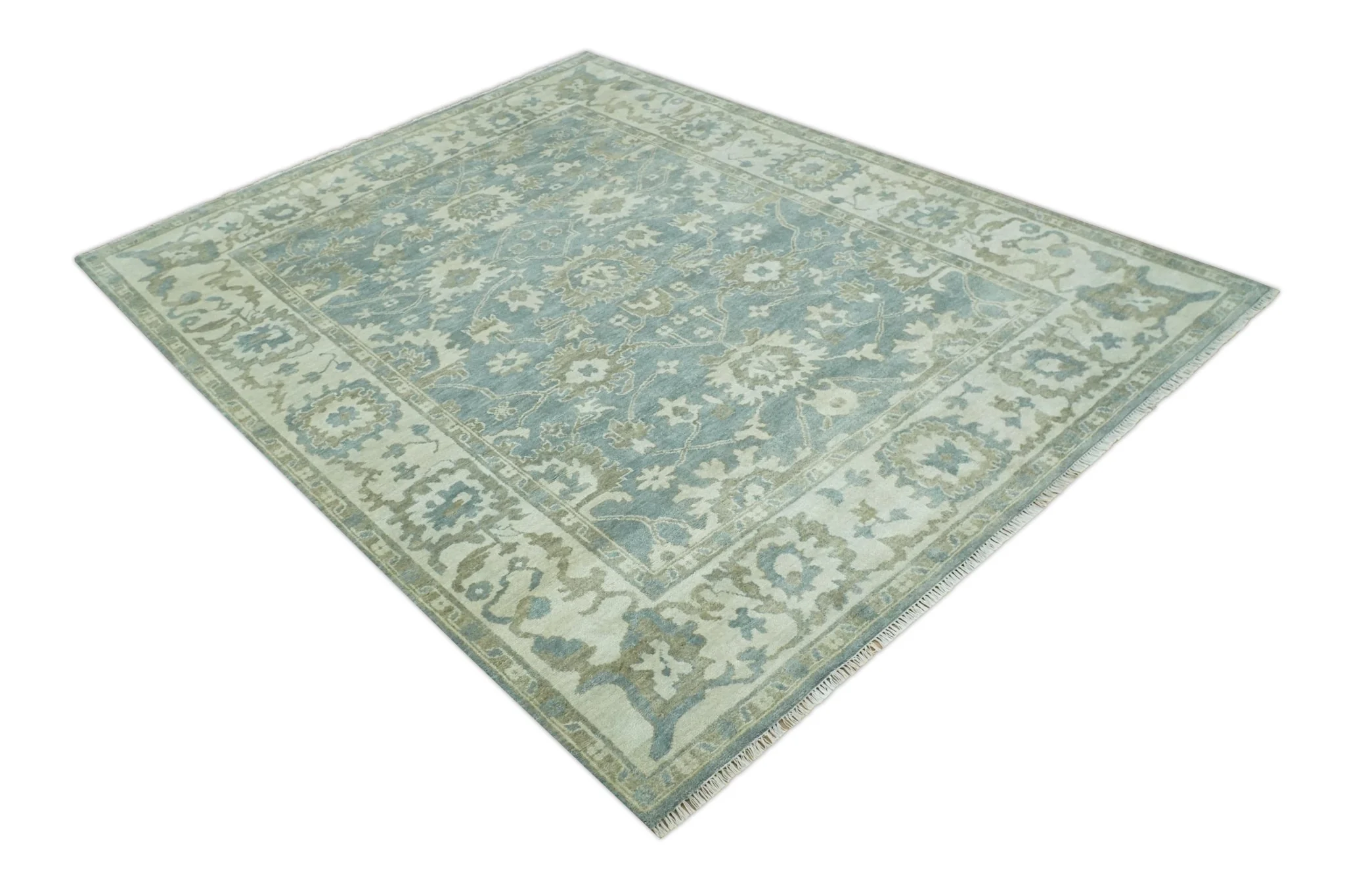 Gray, Ivory and Green Hand Knotted Traditional Oriental Oushak 9x12 wool Area Rug - Image 10