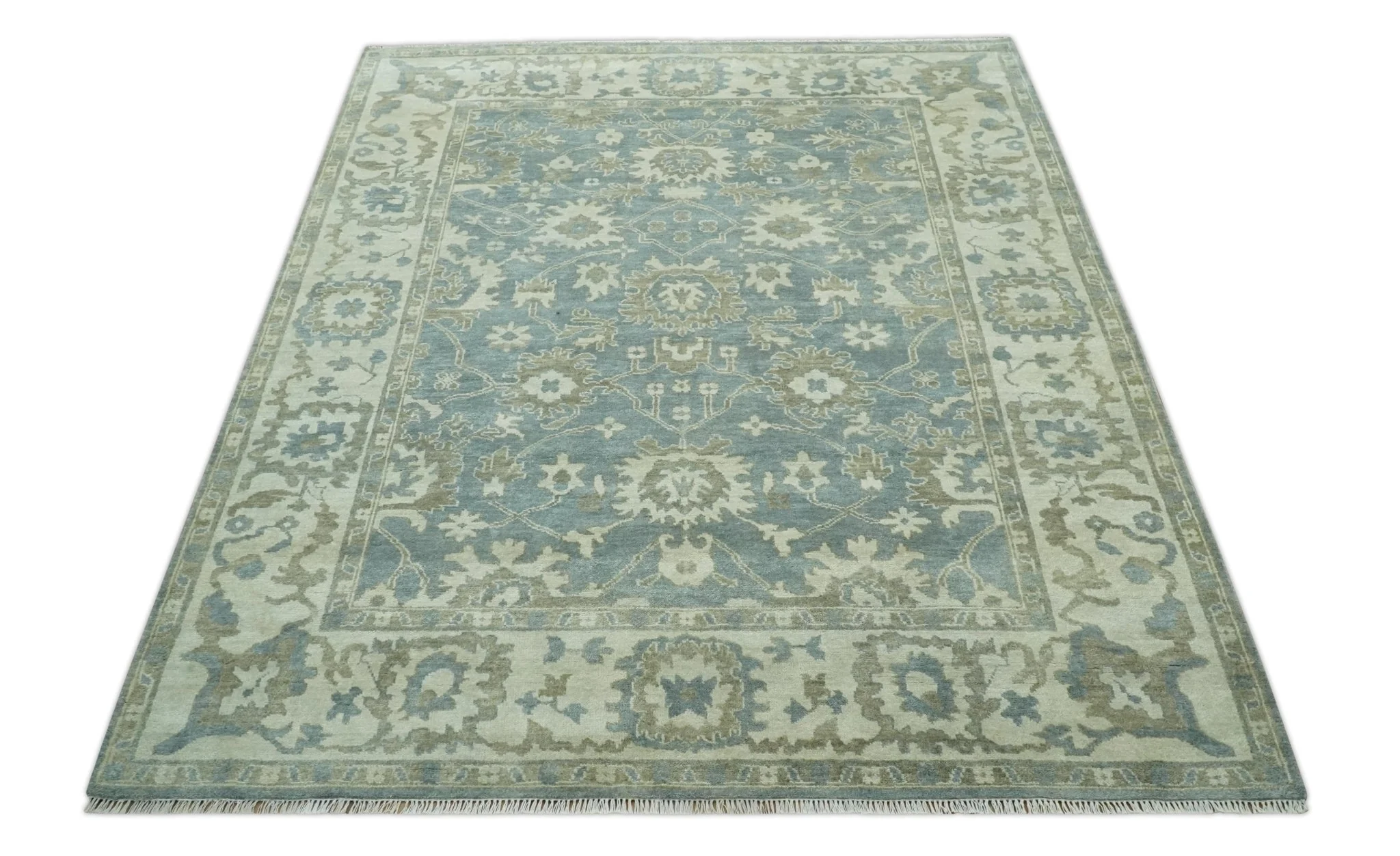 Gray, Ivory and Green Hand Knotted Traditional Oriental Oushak 9x12 wool Area Rug - Image 11