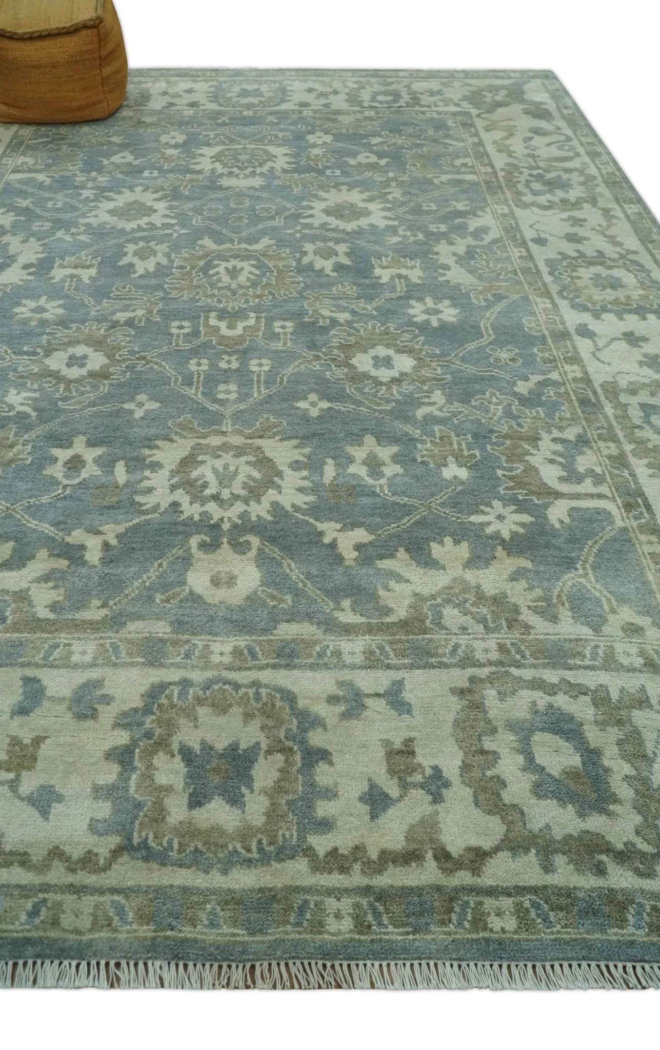 Gray, Ivory and Green Hand Knotted Traditional Oriental Oushak 9x12 wool Area Rug - Image 3