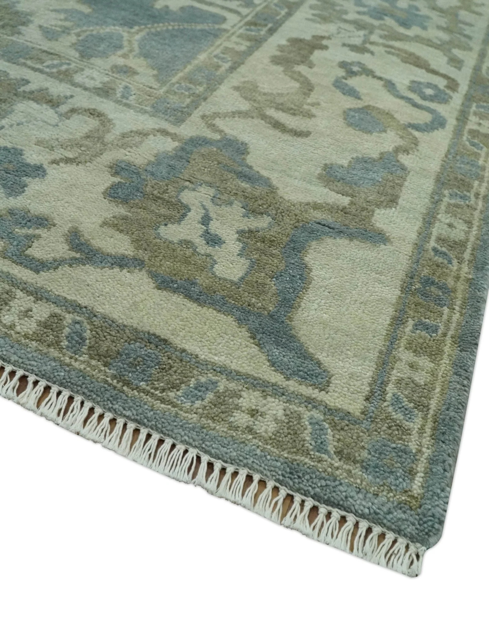 Gray, Ivory and Green Hand Knotted Traditional Oriental Oushak 9x12 wool Area Rug - Image 5