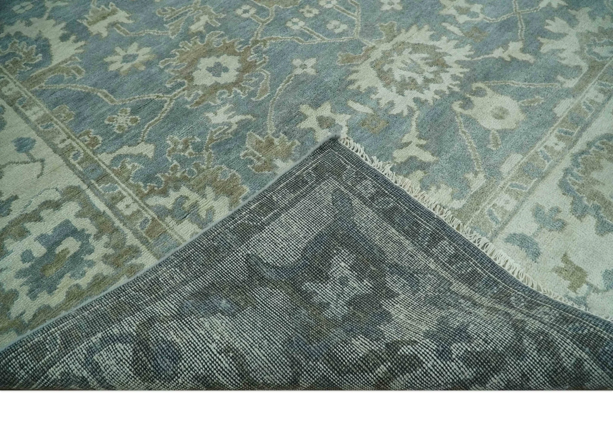 Gray, Ivory and Green Hand Knotted Traditional Oriental Oushak 9x12 wool Area Rug - Image 7