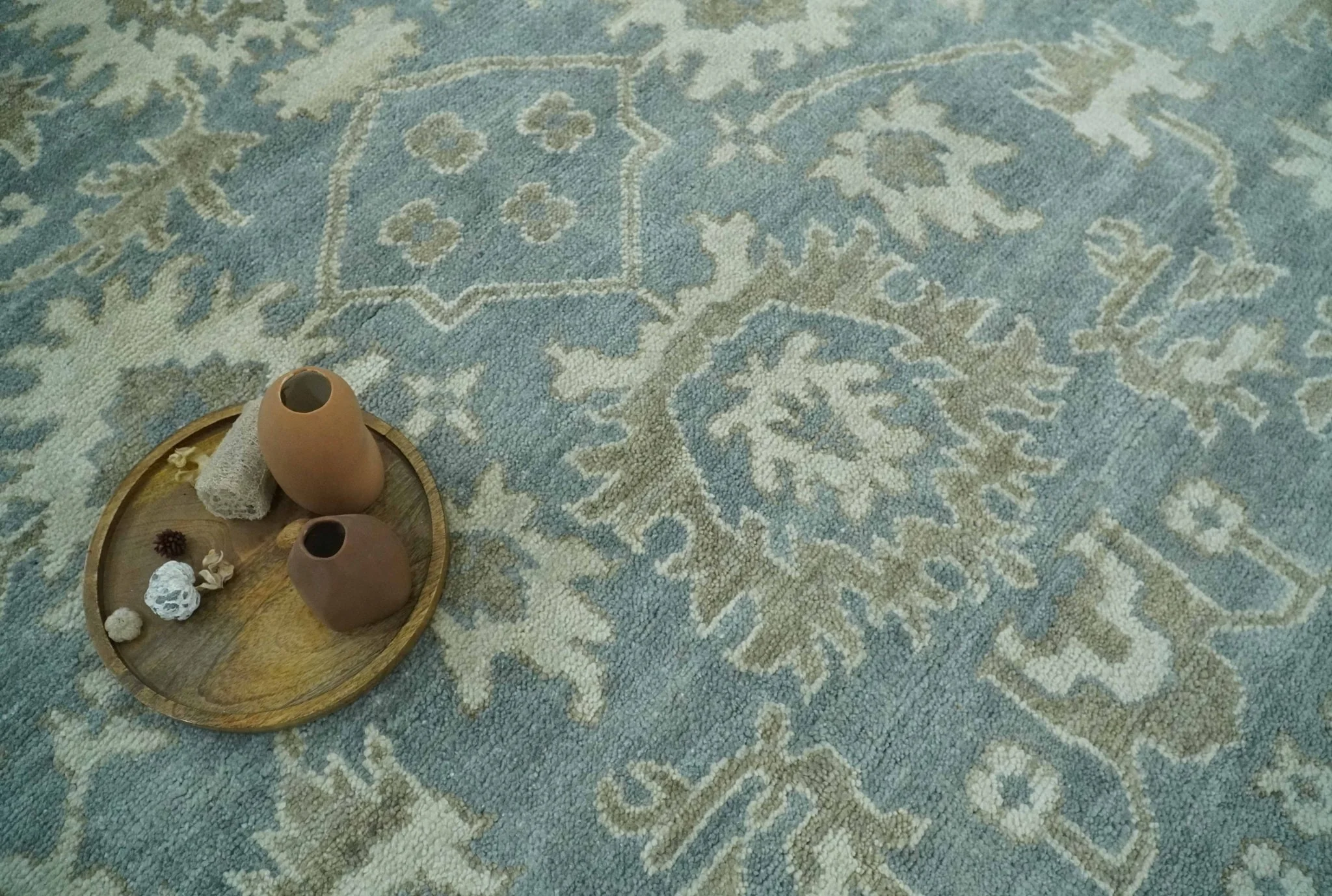 Gray, Ivory and Green Hand Knotted Traditional Oriental Oushak 9x12 wool Area Rug - Image 8