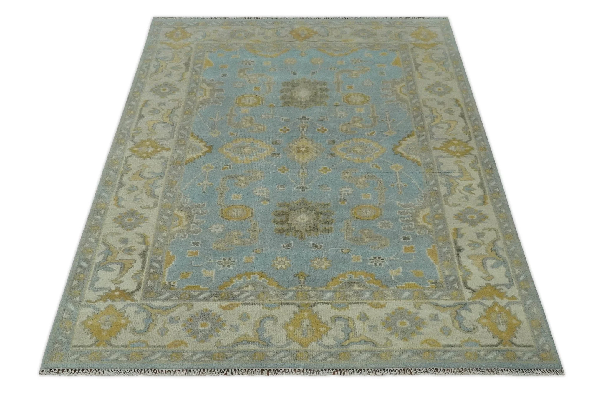 Hand Knotted Gray, Ivory and Mustard 6x8.8 Traditional Oriental Oushak wool rug - Image 10