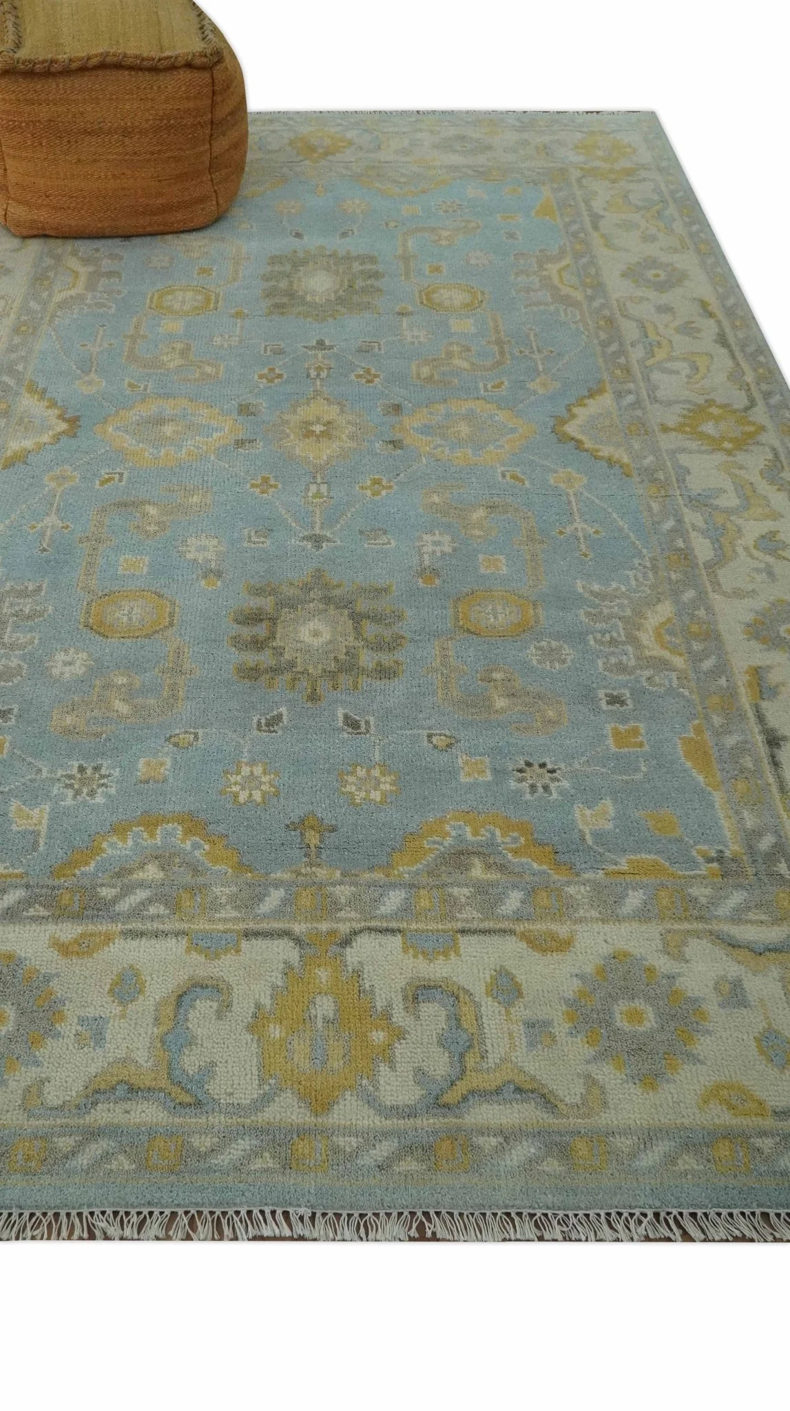 Hand Knotted Gray, Ivory and Mustard 6x8.8 Traditional Oriental Oushak wool rug - Image 3